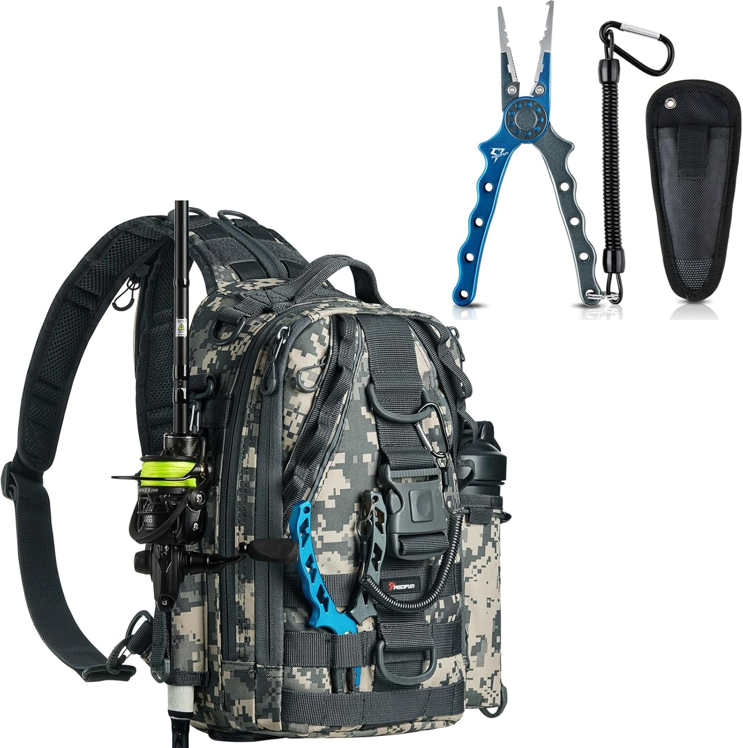 Piscifun Camouflage Fishing Tackle Backpack with Rod & Gear Holder and Saltwater Fishing Pliers with Split Ring