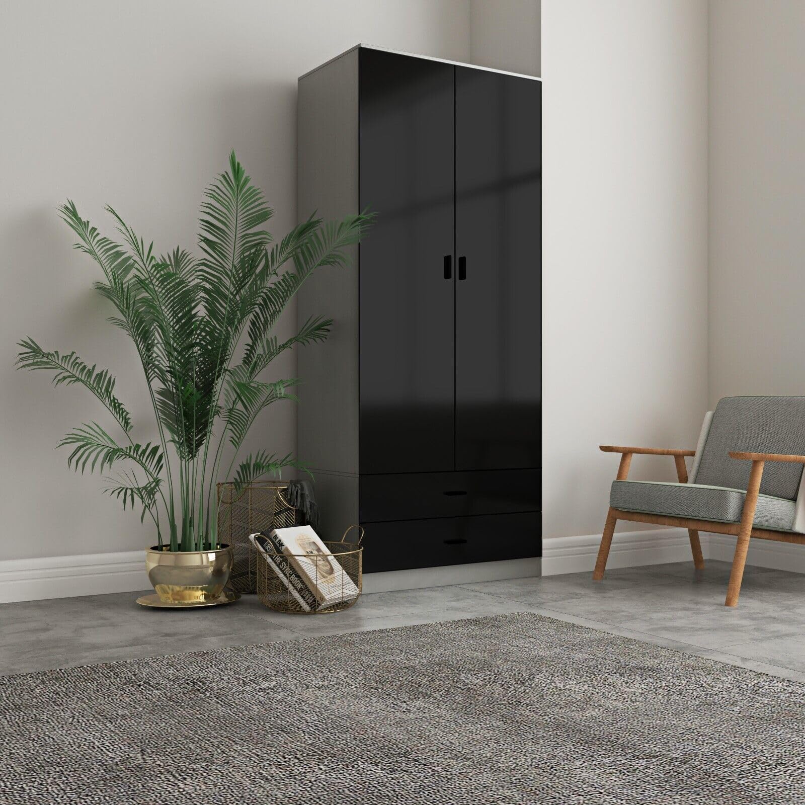 URBNLIVING Glossy Tall 2 Door Wardrobe Bedroom Storage with Hanging Rail Modern Furniture