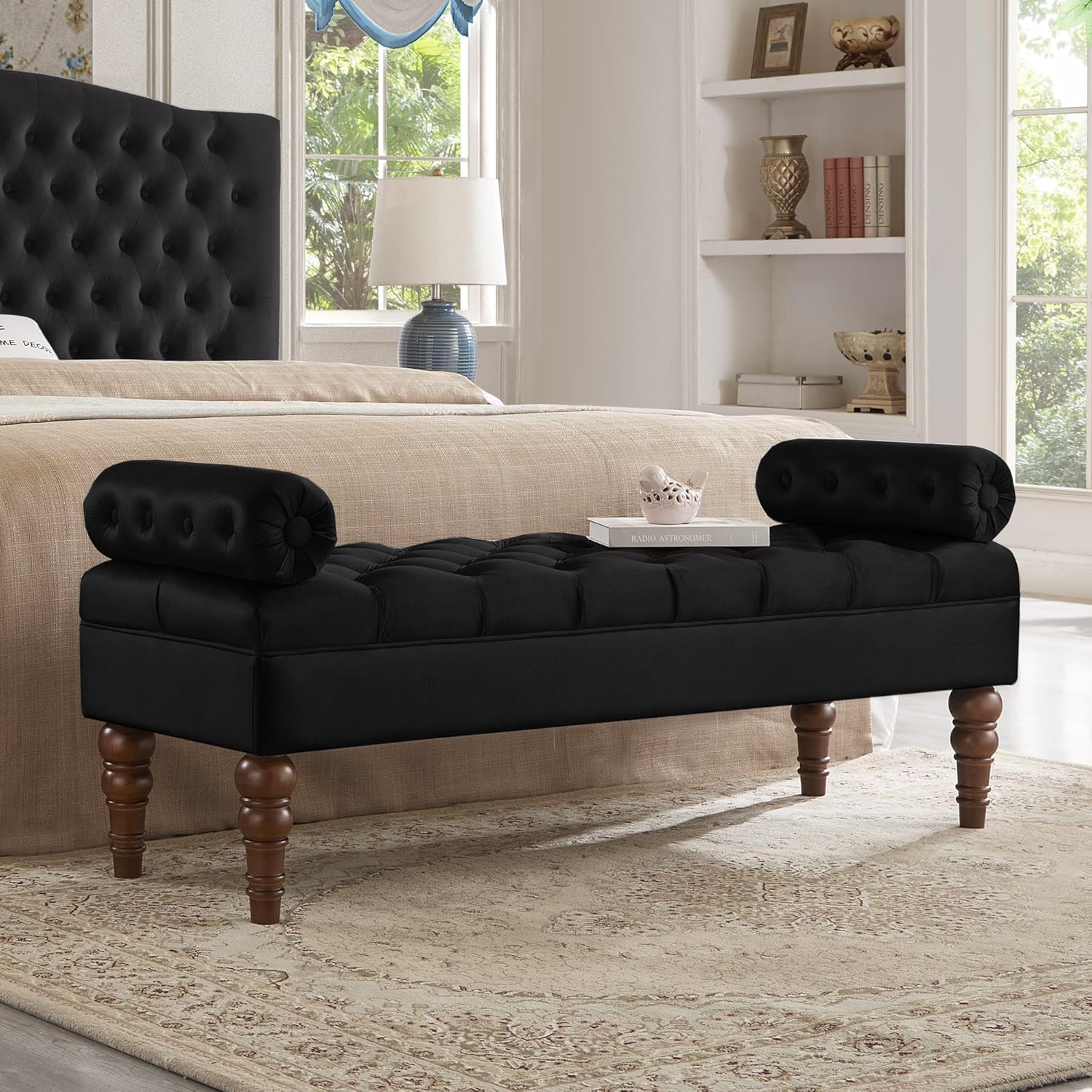 Velvet Upholstered Bed Bench with Tufted Button Design, Rectangular End of Bed Ottoman Bench with Armrests, Long Footrest Bench for Bedroom Entryway Living Room, Navy Blue