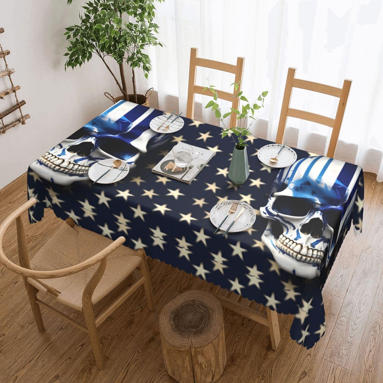 Nappe rectangulaire en tissu crâne et rayures bleues pour table de buffet