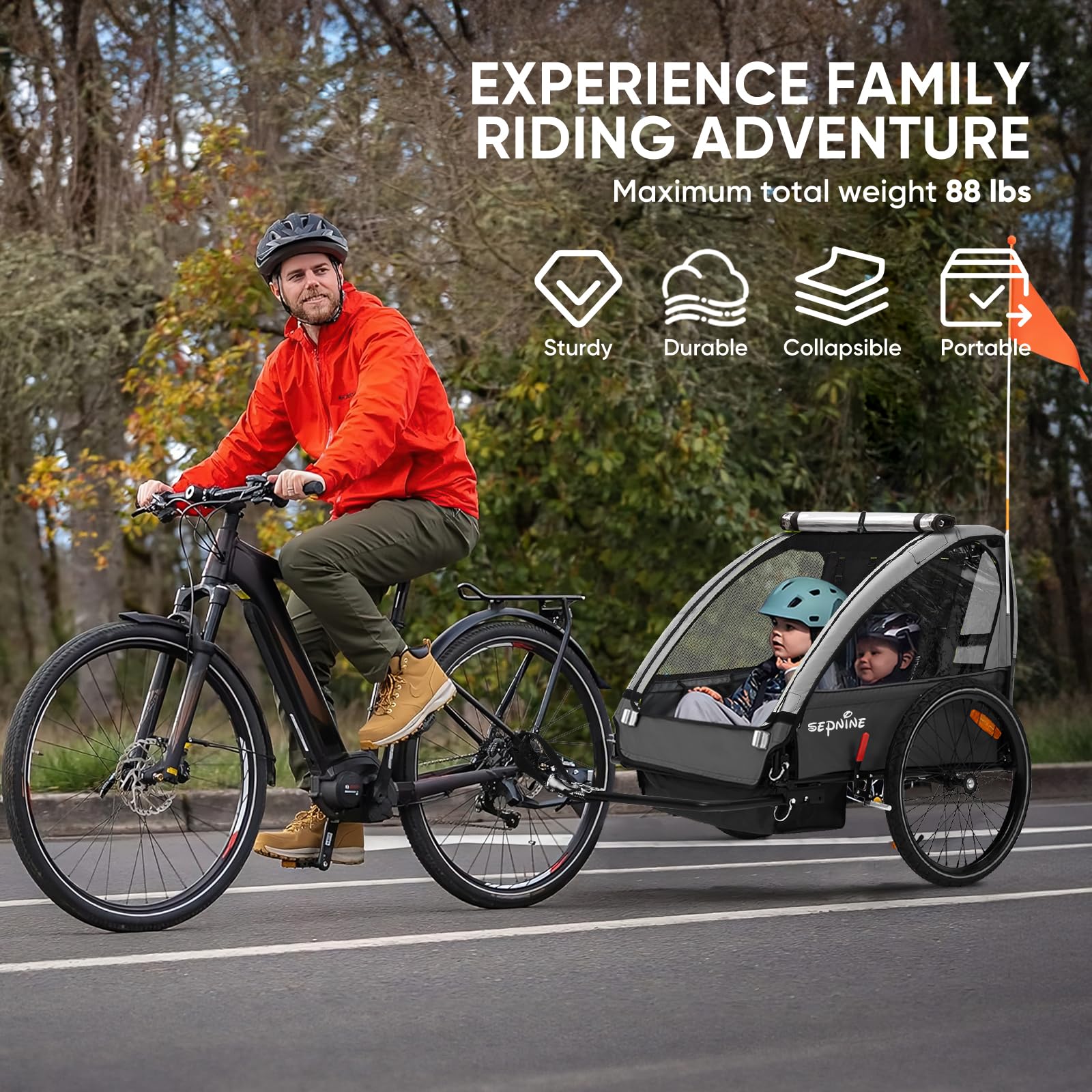 Sepnine Remolque Bicicleta Niños, Remolque Bicicleta,Remolque para Bici Plegable Todoterreno para Niños de Dos plazas con Freno de Mano