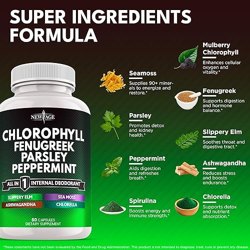 Miniatura 2 de Cápsulas de fenogreco de clorofila - Suplemento desodorante interno de menta - Fenogreco 201, musgo marino, perejil, clorella, espirulina, olmo