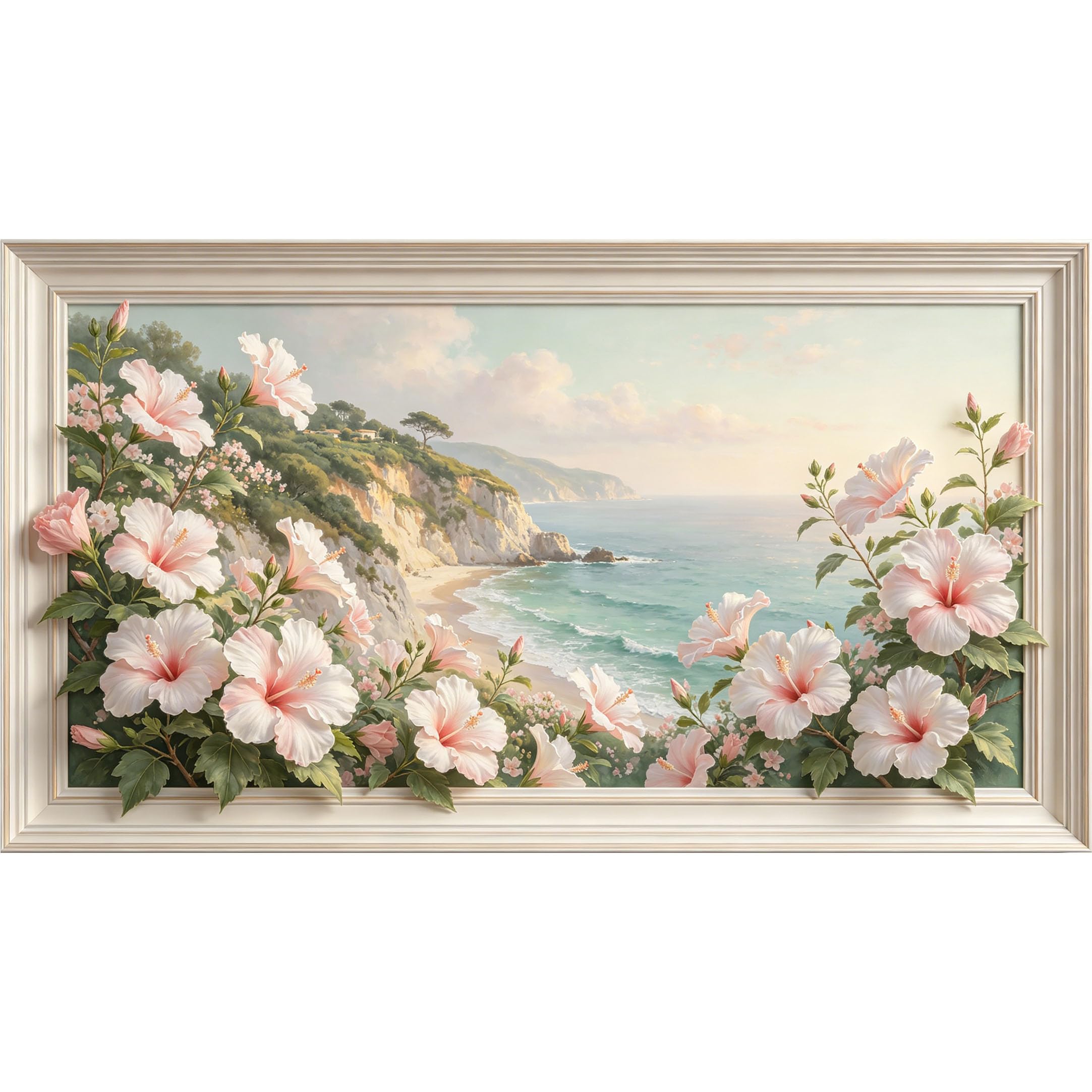 QZLITHOTIC 50×90cm3D Framed Wall Art， Coastal Hibiscus Flower Beach Landscape SelfActivated Mural， WaterActivated Peel & Stick Fabric Decor Wall Decal for Bedroom Living Room