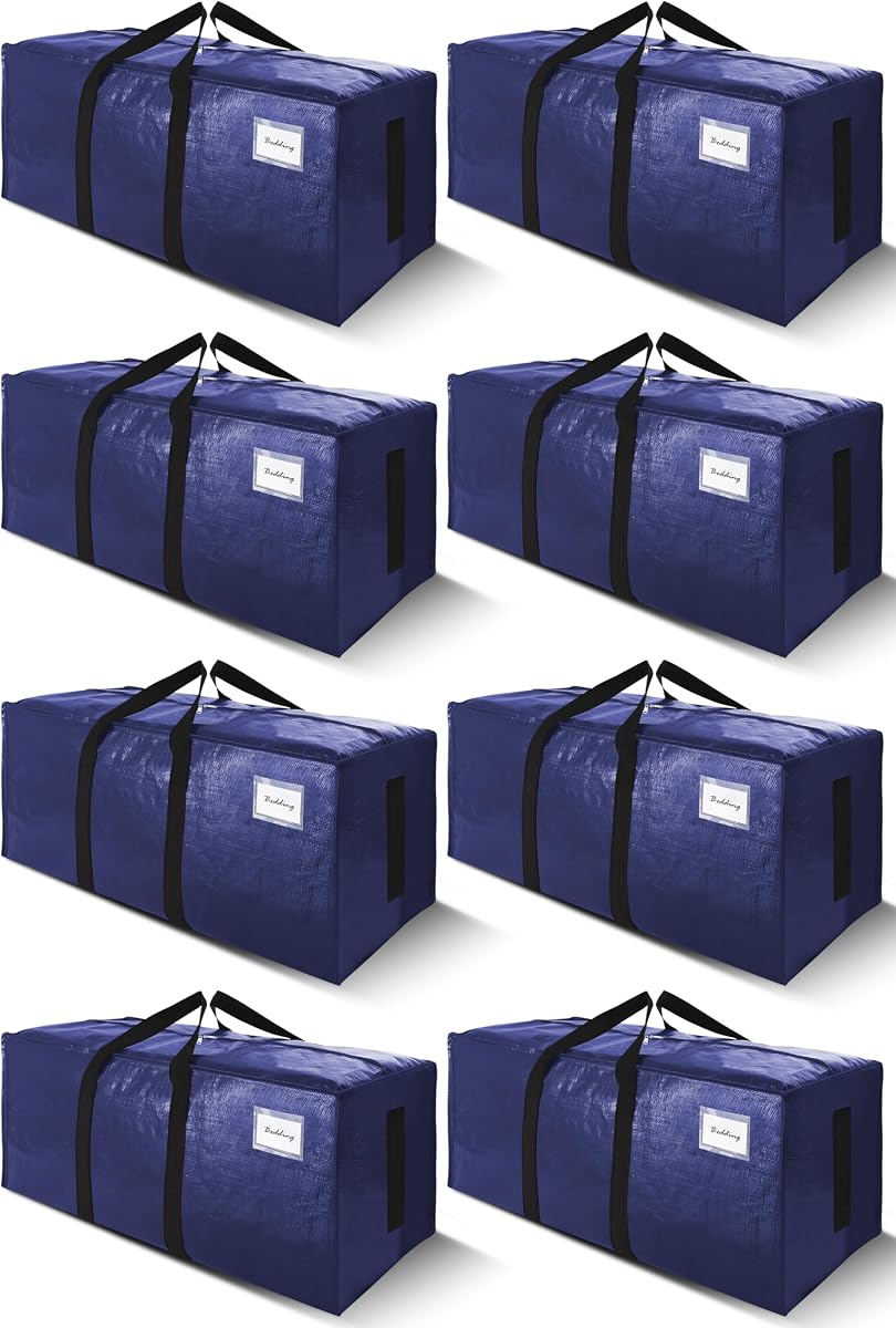 SWEET DOLPHIN 8 Pack 200LB Heavy-Duty Moving Bags with Wrap-Around Handles, Extra Large Storage Totes for Space Saving, Clothes Storage Bags, College Dorm Essentials, Blue, 24 Gal