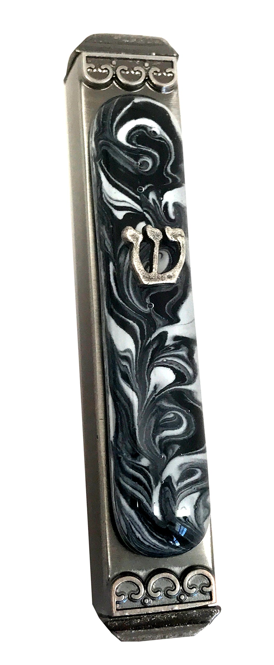 Tamara Baskin Art Glass Mezuzah, Easy Mount, on Metal CaseGift Box and Non-Kosher Scroll Included (Marbled Black White)