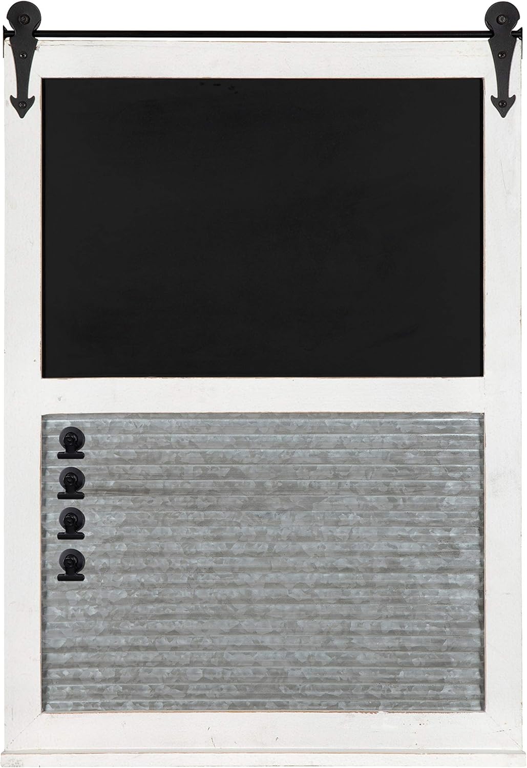Kate and Laurel Cates Modern Farmhouse Barn Door Wood Framed Multi-Use Organizer with Chalkboard and Magnetic Memo Area, Rustic White : Home & Kitchen