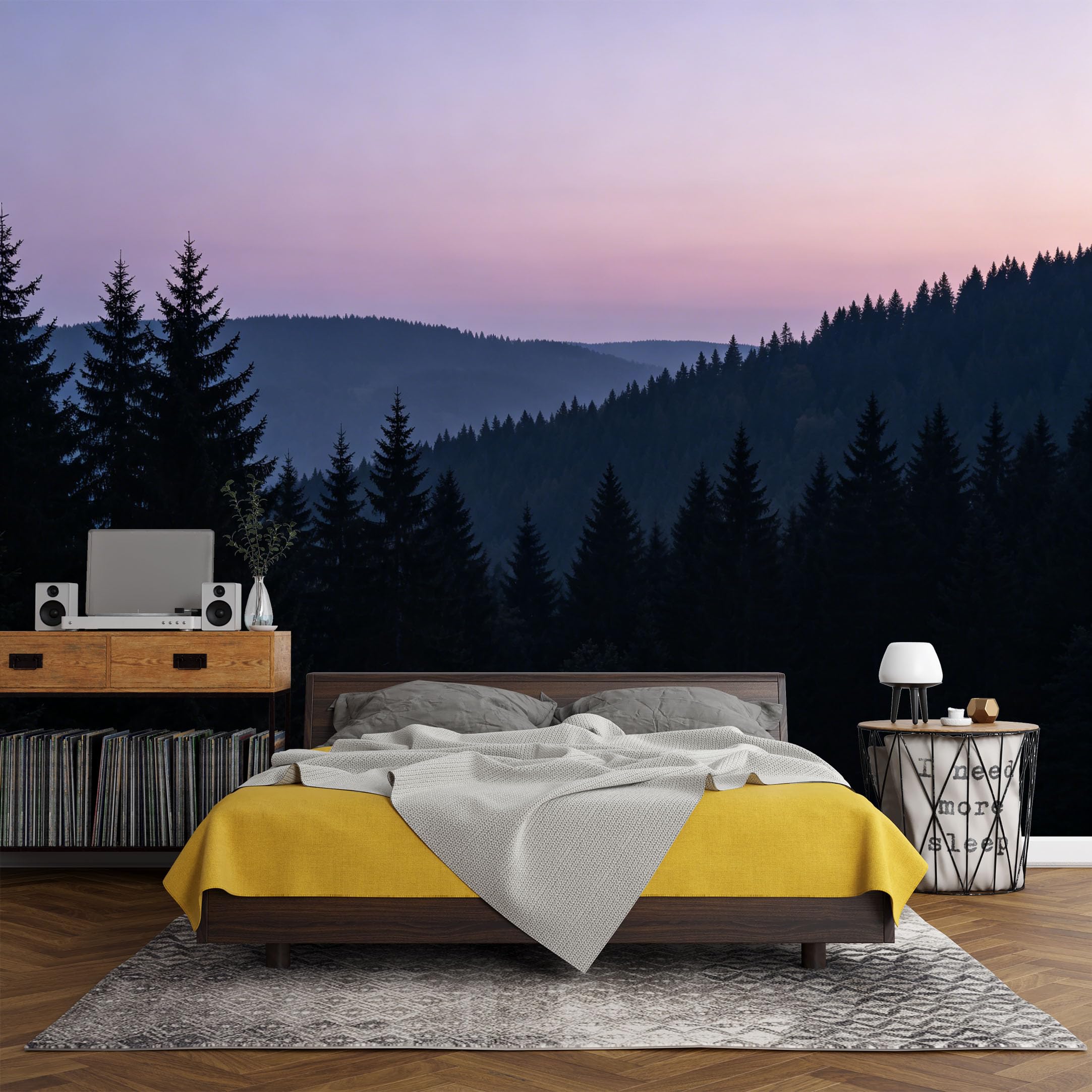 Custom Size Wall Mural， Forest Mountain Sunset Mist Landscape Nature，SelfAdhesive Art Prints wall Fabric (No PVC) Removable Wallpaper Living Room Decor