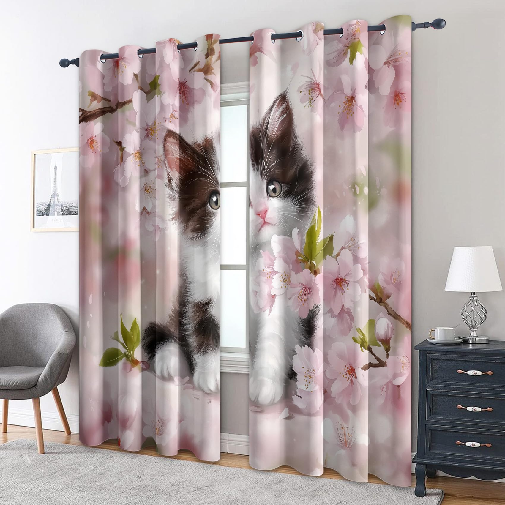 Rideau Occultant Chaton - Rideaux Thermiques à Oeillets - Rideau Imprimé Motif Chat Rose Fleuri pour Salon Chambre Fenetre - Lot de 2 Rideaux et Draperies Intérieurs - 117x183 cm (L x H)