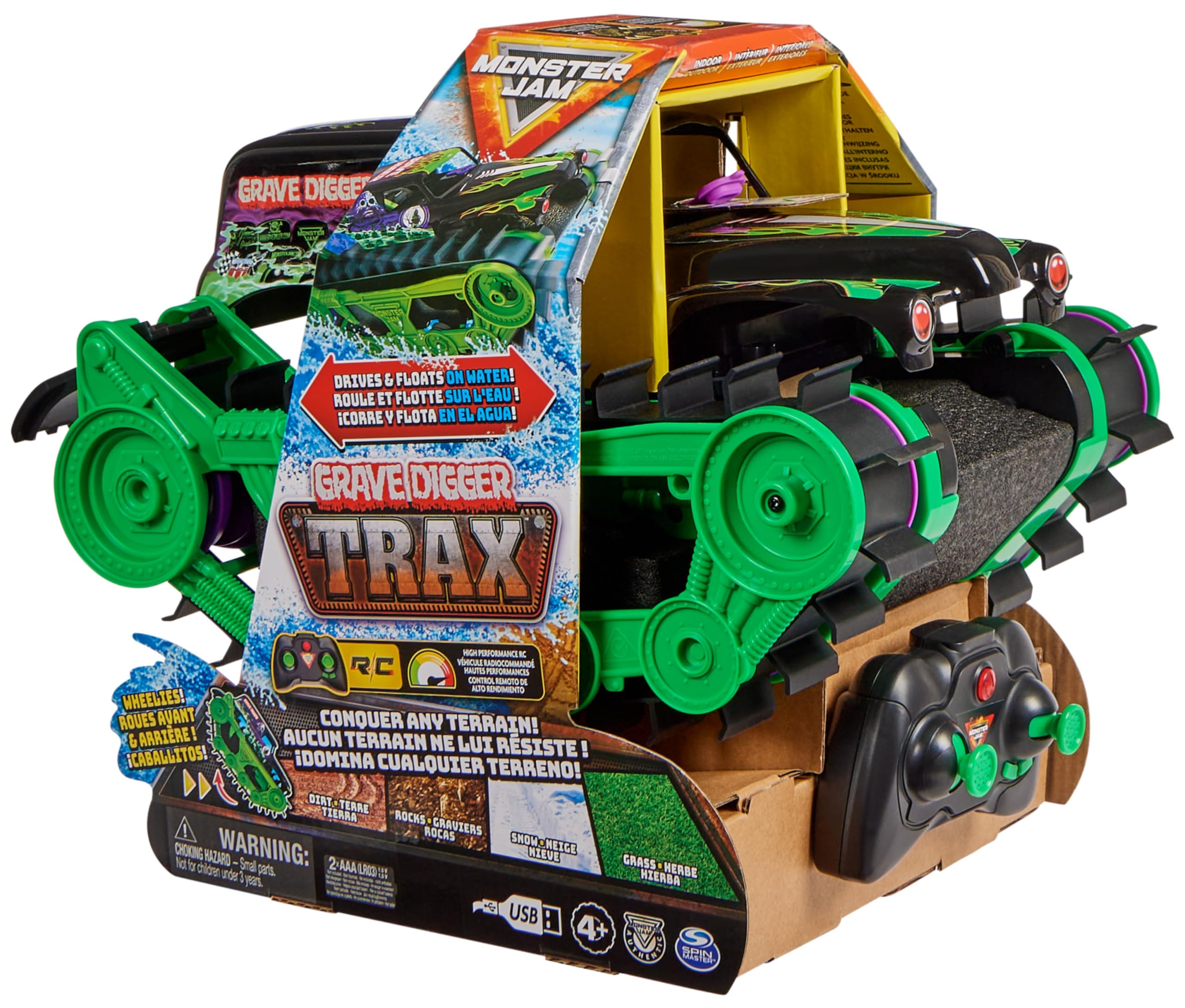 Monster Jam, Grave Digger Trax - RC Monster Truck Kettenfahrzeug Maßstab 1:15, All-Terrain-geländegängig an Land und im Wasser - für Jungen und Mädchen ab 4 Jahren