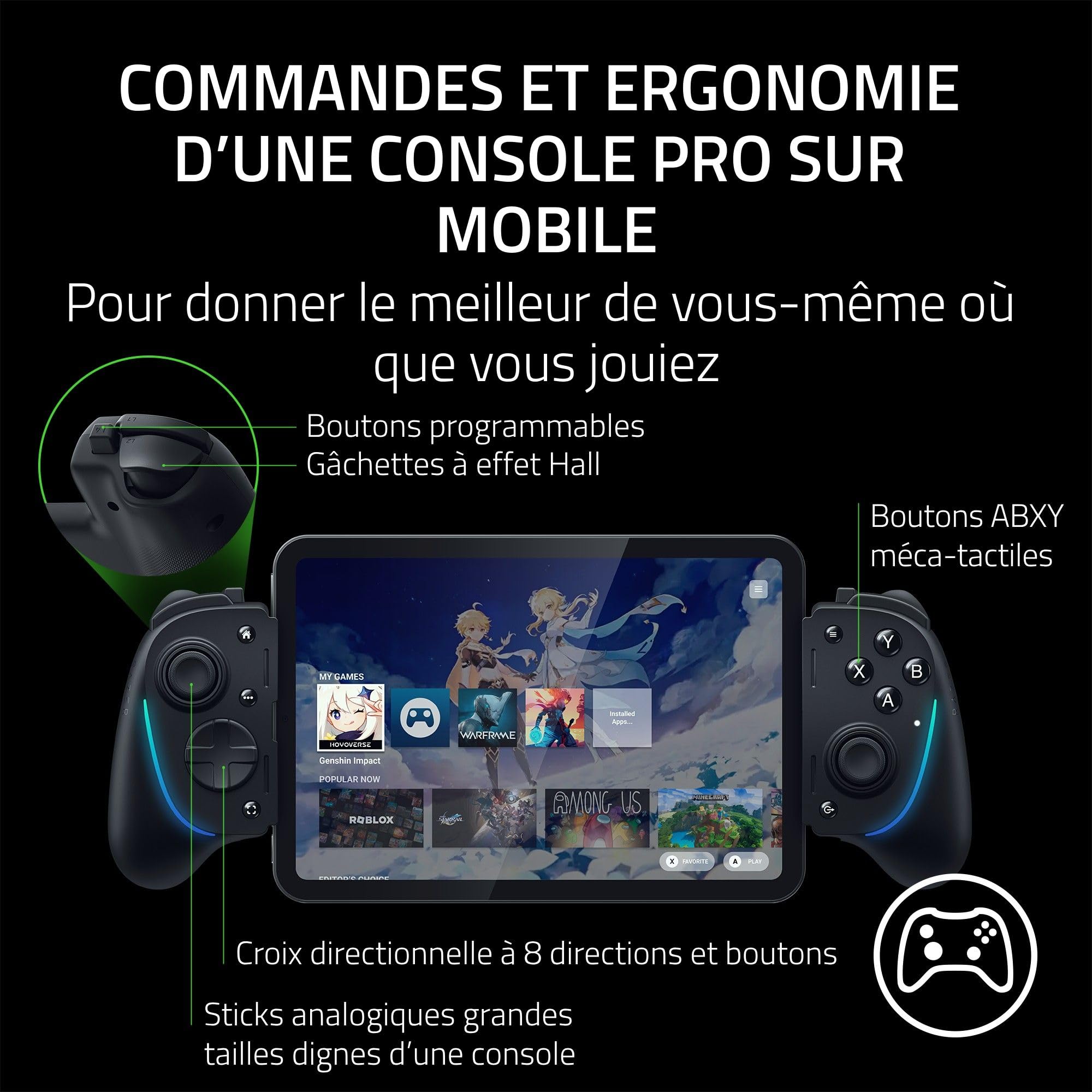 Razer Kishi Ultra - Contrôleur de jeu USB-C pour iPhone, smartphones Android et iPad Mini (haptique Sensa HD, Chroma RGB, chargeur passthrough, boutons Mecha-Touch et D-Pad, jeu mobile) Noir