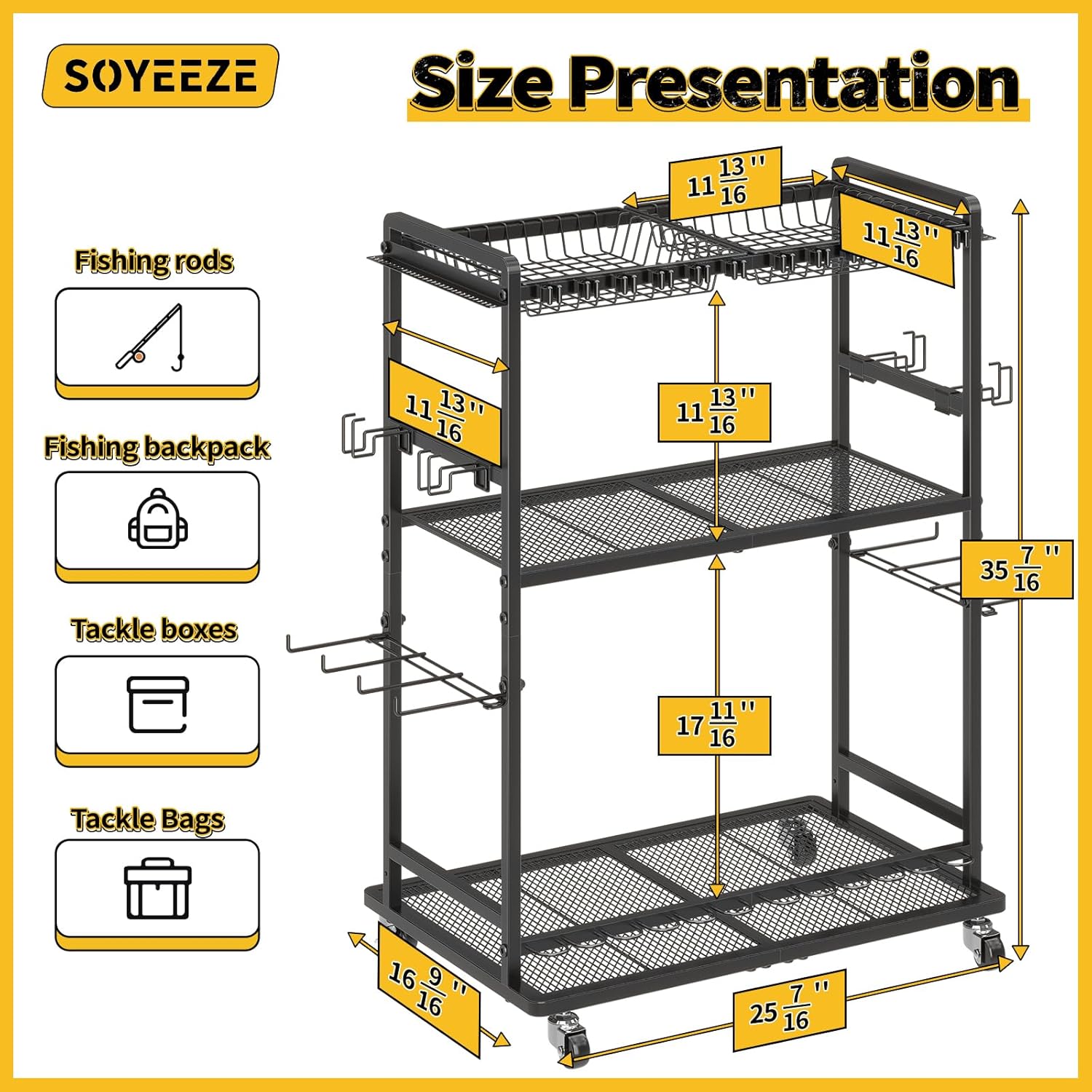 SOYEEZE Large Size Fishing Rod Holders for Garage, Heavy Duty 3-Tier Fishing Pole Rack Holds Up to 12 Rods, Fishing Gear Organizer with 2 Metal Baskets, Fishing Storage Cart with Lockable Wheels