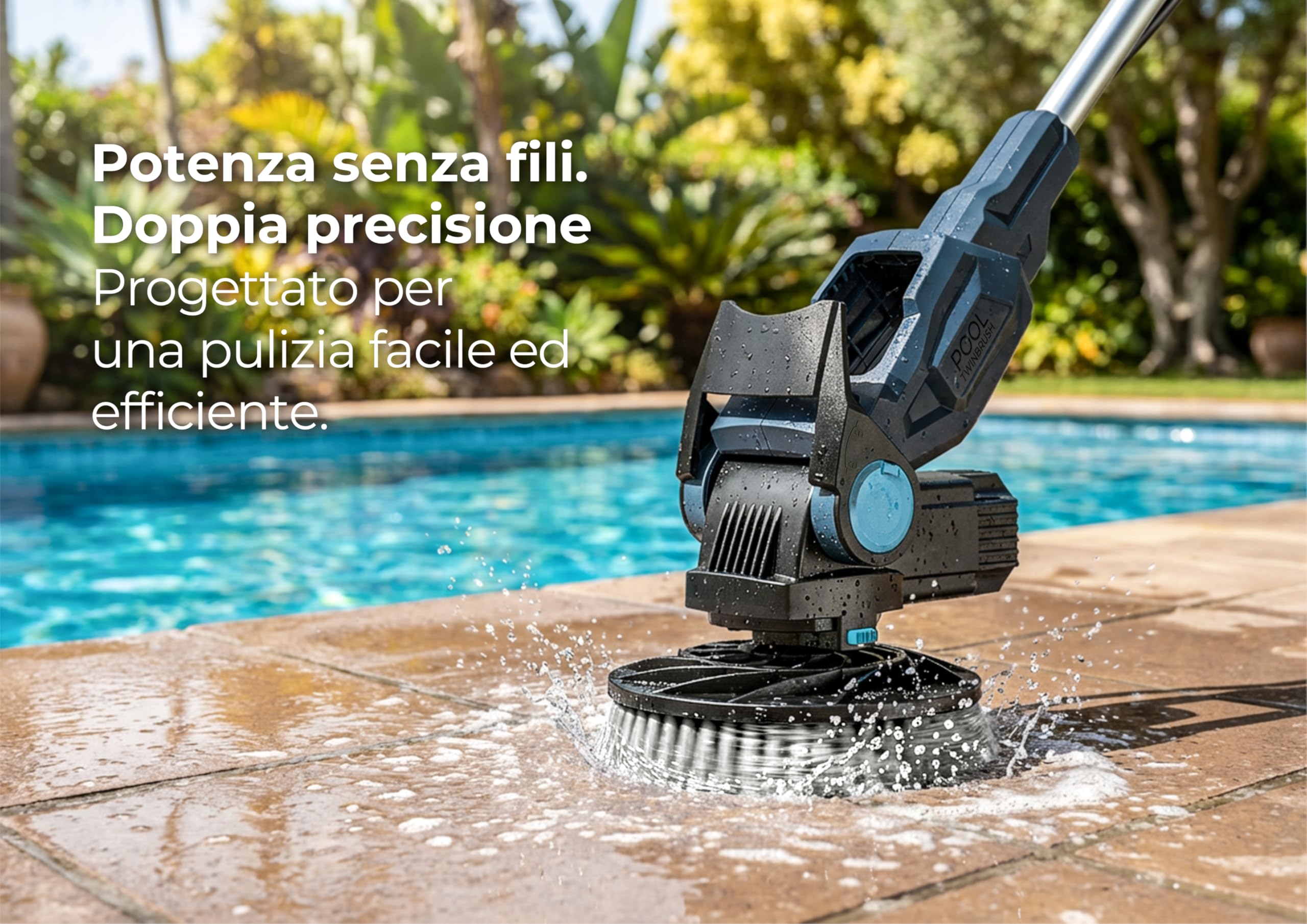Gre Twin Brush Pulitore a Batteria, 2 Spazzole per Fondo e Terrazza | Pulizia Piscine, Terrazze e Pavimenti Esterni, Impermeabile IPX7, Manico Telescopico, Include Batteria e Caricatore
