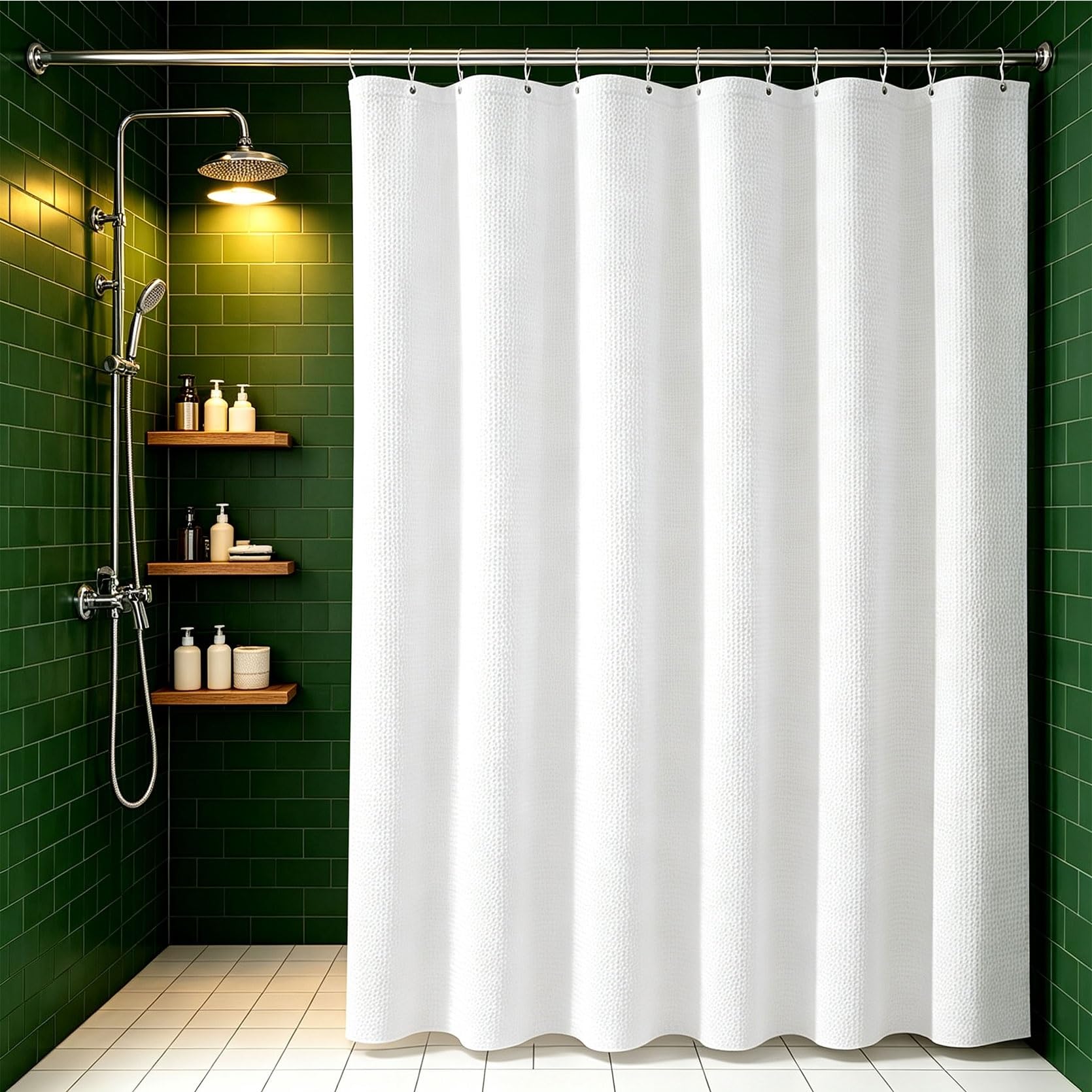 Duschvorhang Anti-Schimmel, Antischimmel, Polyester Stoff, Wasserdicht Badvorhang Waschbar, mit 12 Duschvorhangringe(White,220x220cm)