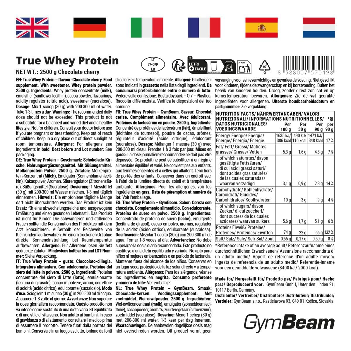 GymBeam True Whey Protéine en Poudre – Chocolat-Cerise – 2500 g