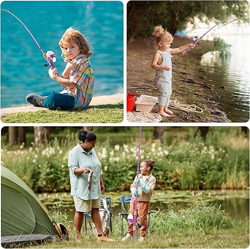 Miniatura 6 de Caña de Pescar para Niños, Cañas de Pescar Telescópicas Portátiles para Niños y Niñas, Kit Combinado de Caña de Pescar y Carrete con Caja de Rosado