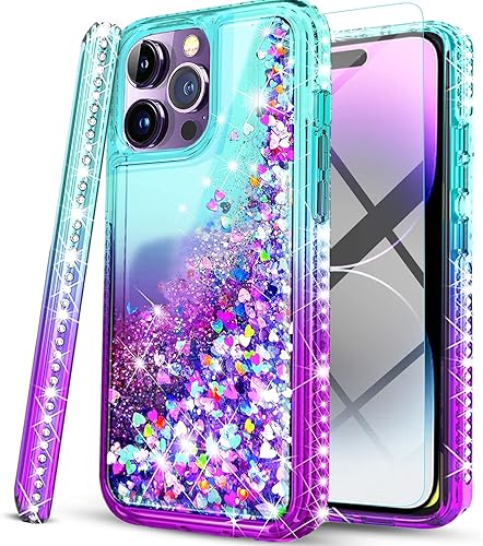 STARSHOP - Funda para iPhone 14 Pro Max con protector de pantalla de vidrio templado incluido Funda para teléfono con purpurina flotante y diamantes
