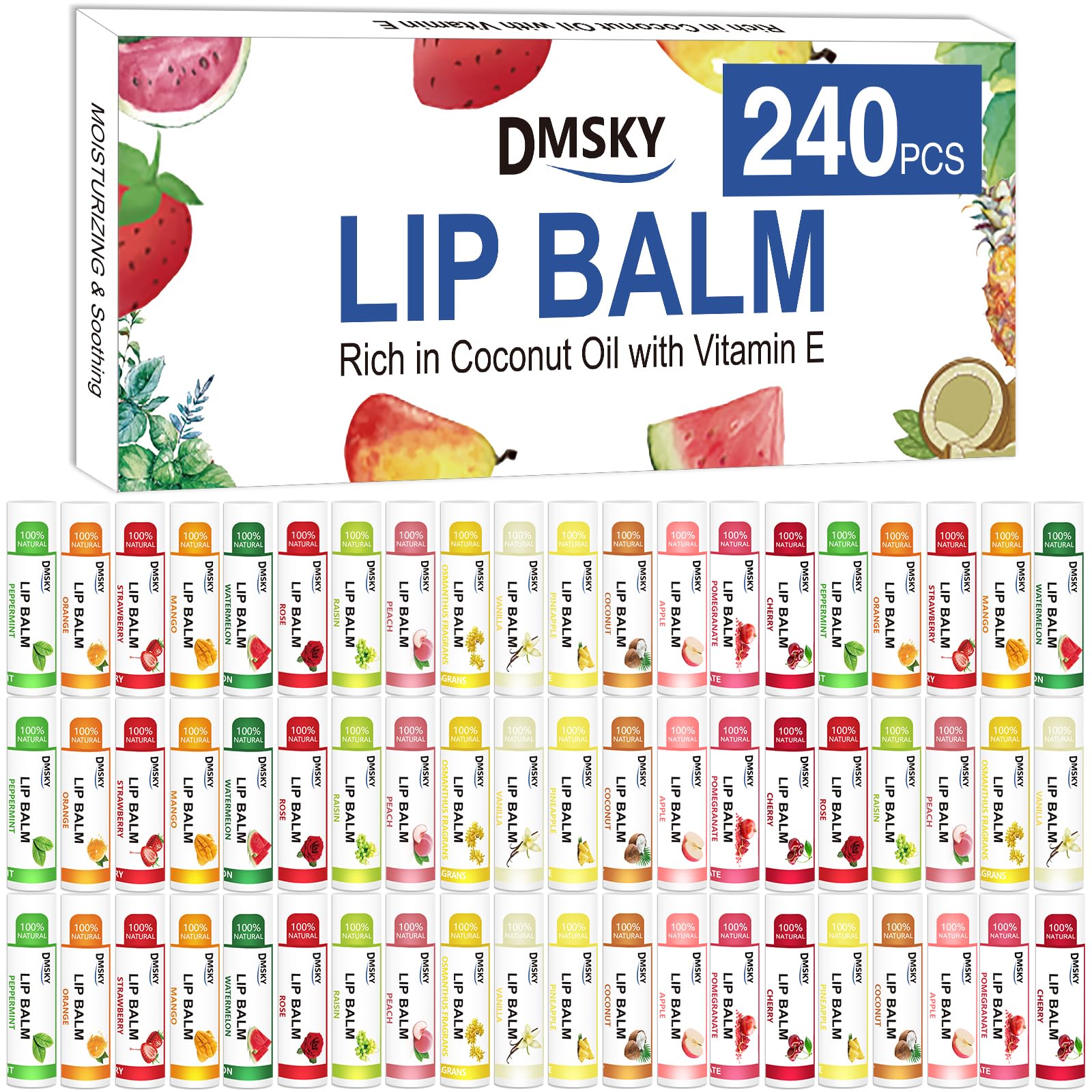 DMSKY 240 Pack Lip Balm, Natural Lip Balm Bulk with Vitamin E and Coconut Oil, Moisturizing Lip Balms for Chapped Lips, Bulk Lip Balms for Women-15 Flavors