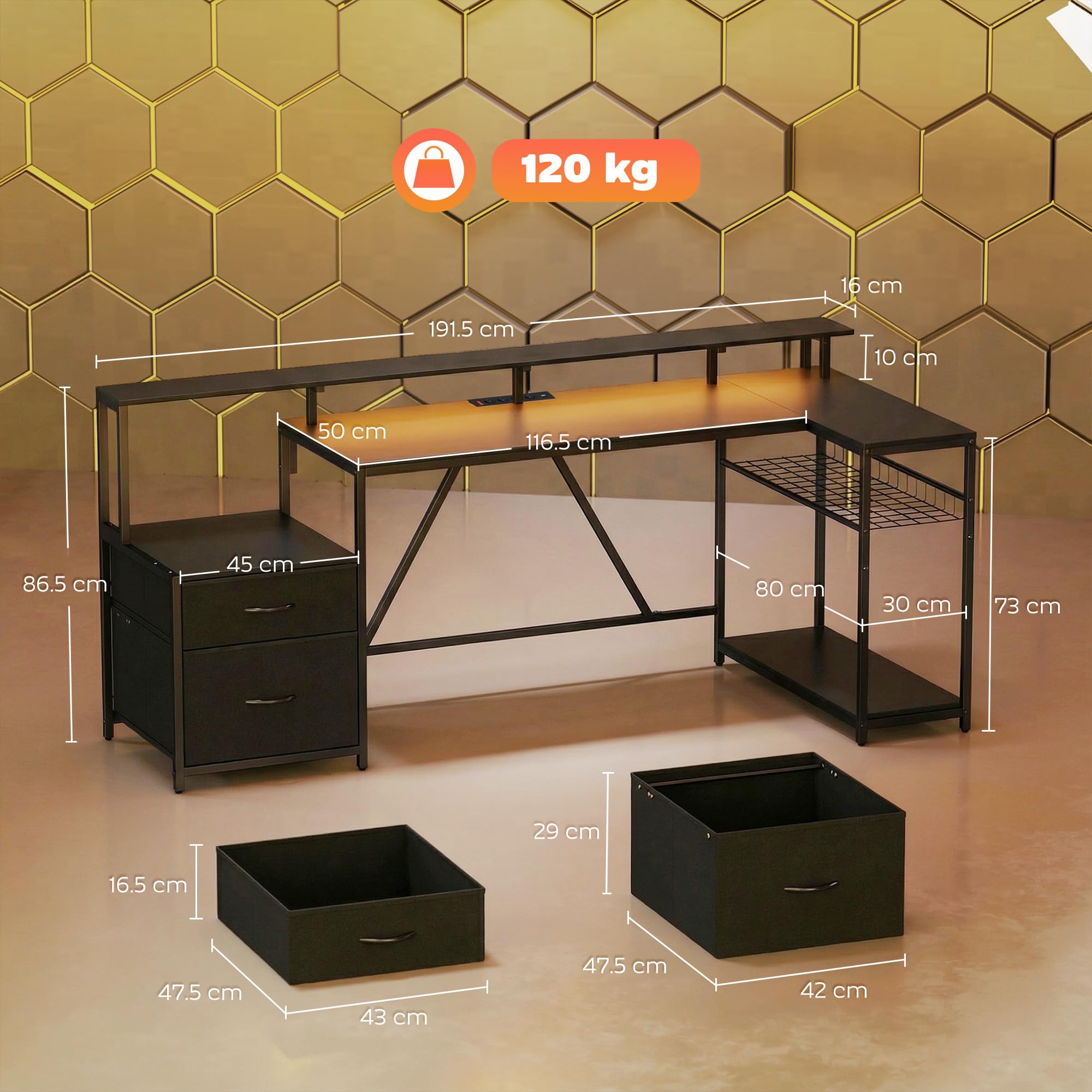 HOMCOM Scrivania Gaming Reversibile ad L con LED, 192.5cm Scrivania Angolare con Prese Elettriche, Supporto Monitor e CPU, 2 Cassetti in Tessuto per Documenti A4/Legale, per Casa Ufficio Studio, Nero
