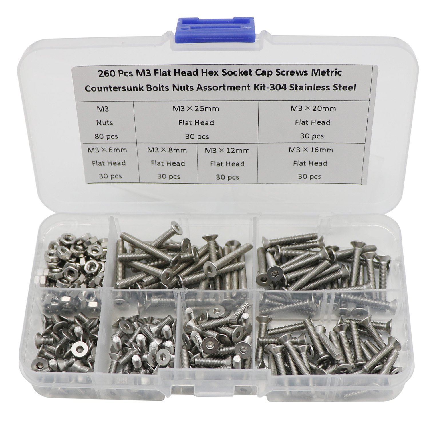 260 Pcs M3 Hex Socket Flat Head Countersunk Bolts Screw Nut Assortment Kit-304 Stainless Steel