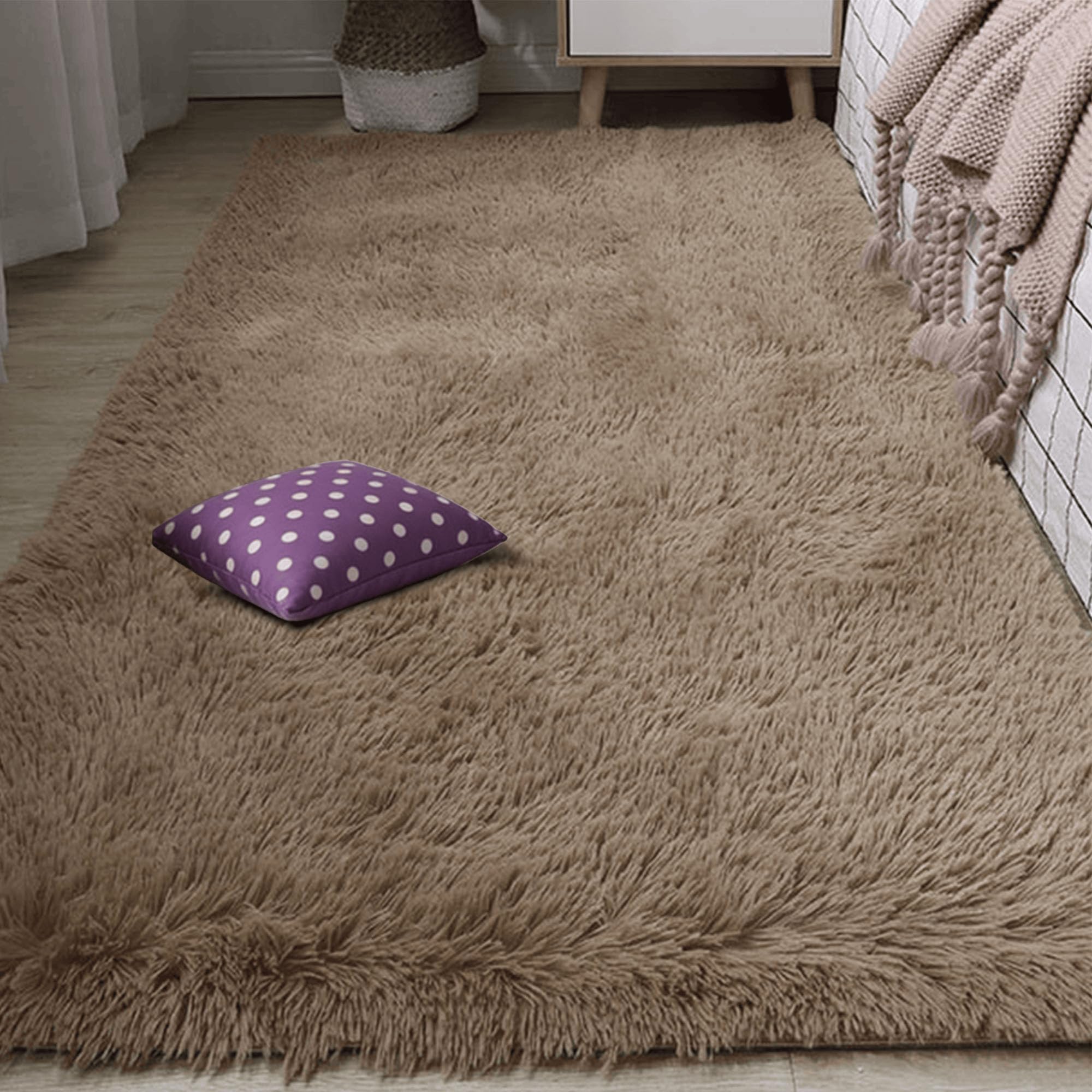 Tapis à poils épais camel 200x250 cm pour grand salon et chambre moderne