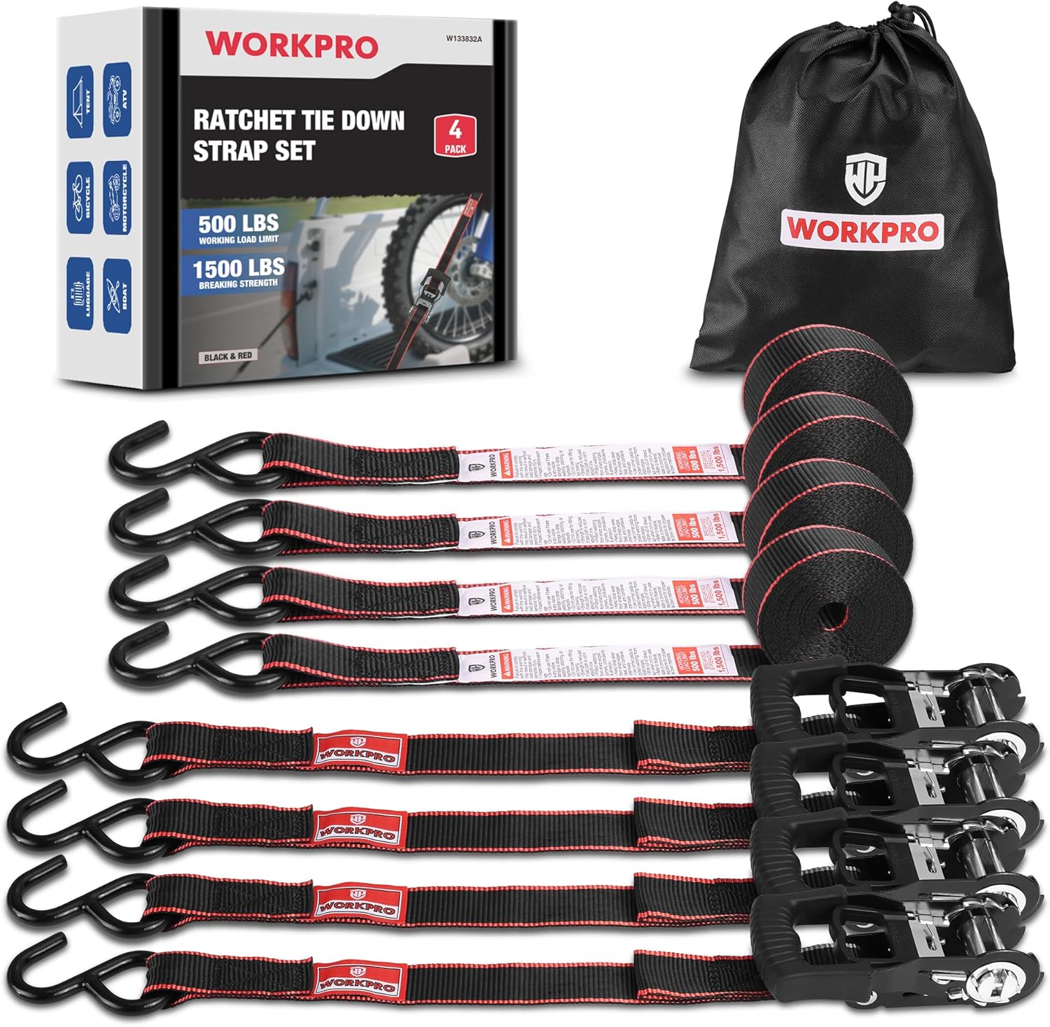 WORKPRO Ratchet Tie Down Straps, 4-Pack | 1" x 12' | 1500 lbs Break Strength Heavy Duty Ratchet Straps, Fits for Moving Appliances Motorcycle ATV Truck (Black&Red)