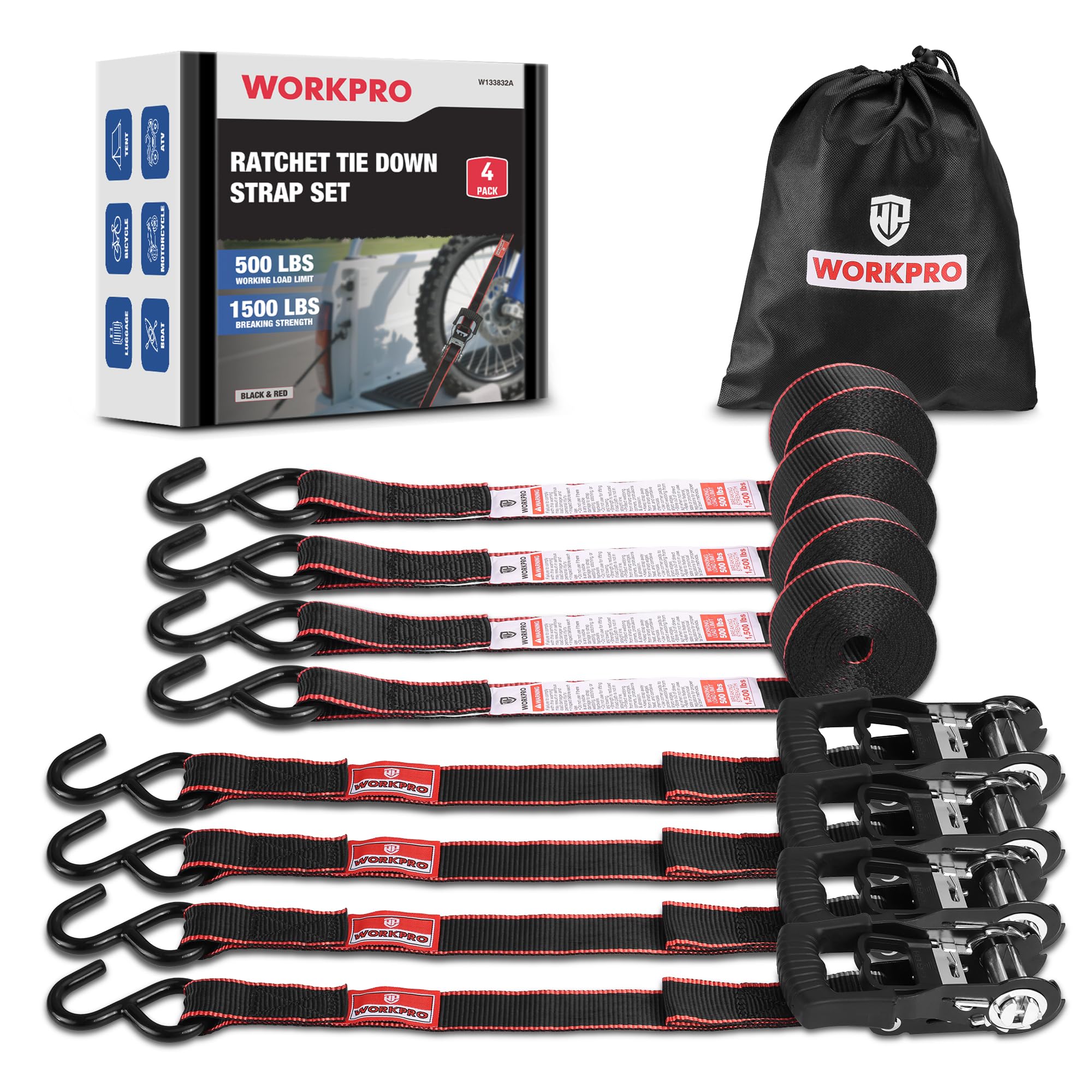 WORKPRO Spanngurte mit Ratsche, 4 Stück, 2,5 cm x 3,5 m, 680 kg Bruchfestigkeit, robuste Ratschengurte, passend für Umzugsgeräte, Motorrad, ATV, LKW (Schwarz und Rot)