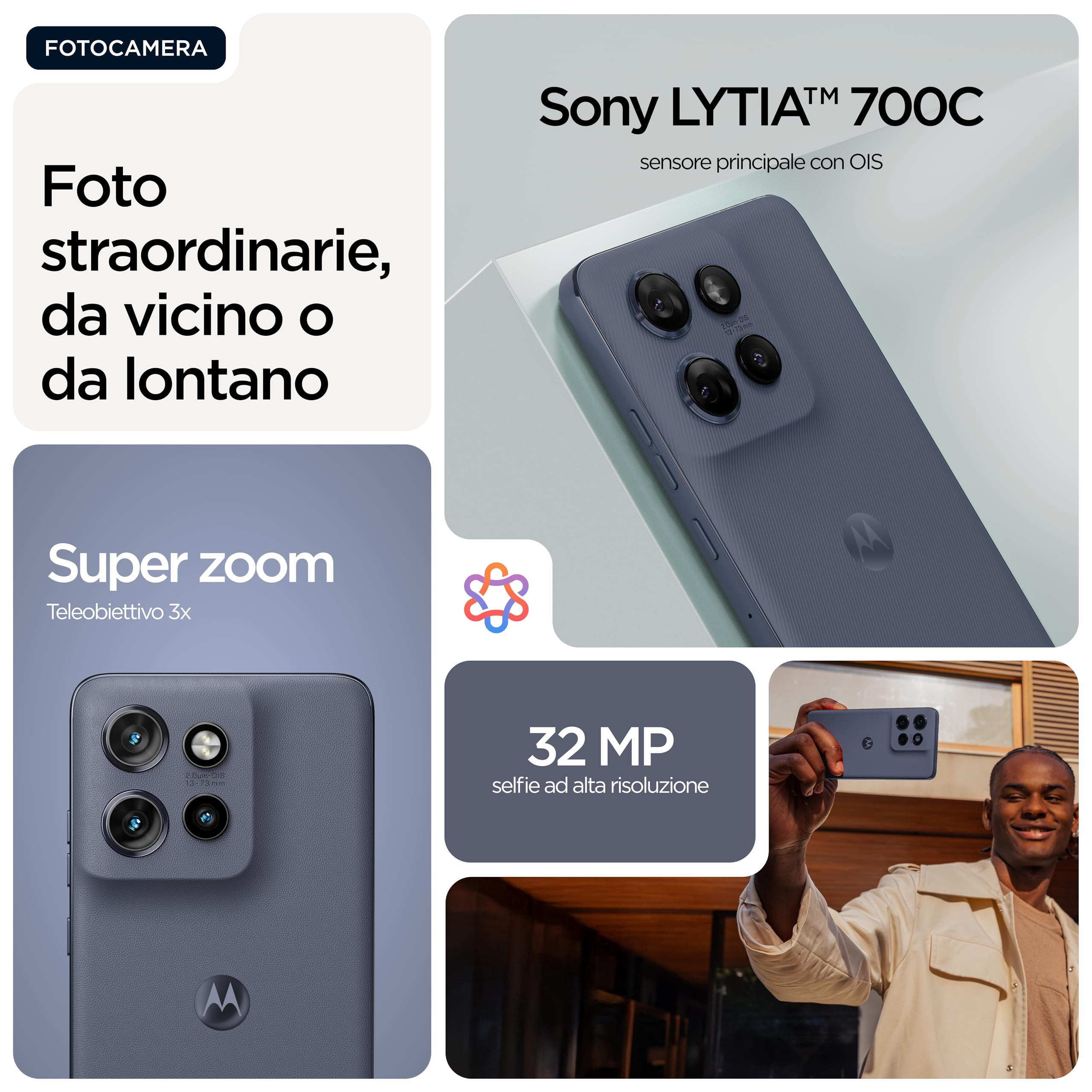 Motorola edge 60 neo con Moto AI (8/256GB, Tripla camera 50MP+13MP+10MP, selfie 32MP, Display 6.36" Super HD 120Hz, MediaTek Dimensity 7400, 5000mAh, TurboPower 68W, Android 15), PANTONE Grisaille
