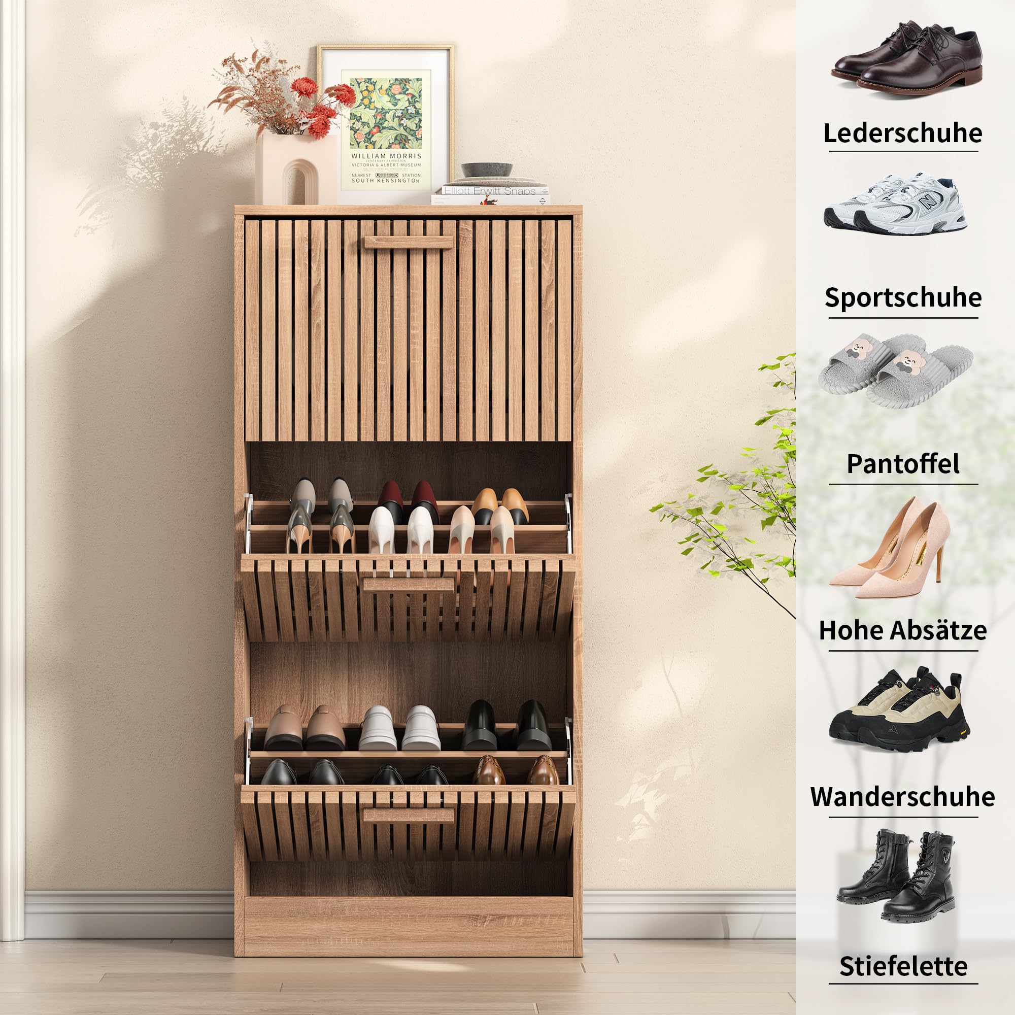 Drewniana szafka na buty z 3 klapami, stojak na buty, wąska, meble wejściowe, system zapobiegający przechyleniu, wolnostojąca do wejścia, przedpokoju i salonu, kolor drewna (Neu02)