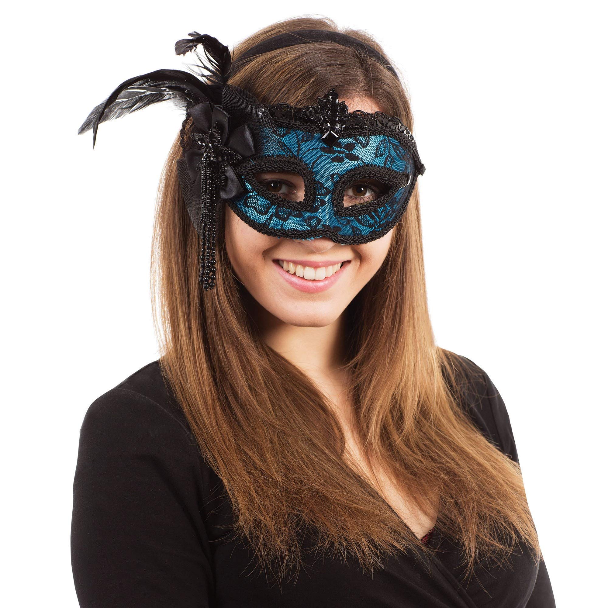 Blue Eye Mask with Side Feather Headband, 1 Pc. - Elegant Design, Perfect Accessory for Masquerade, Mardi Gras, Cosplay Events, & Festivals Halloween