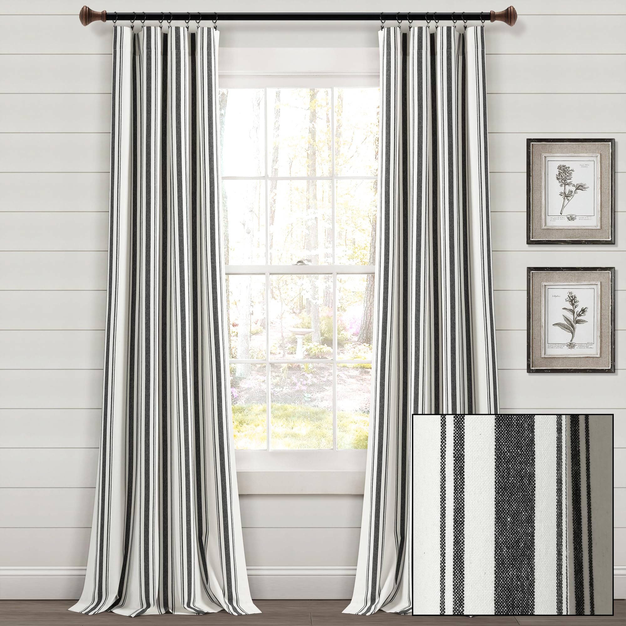 Lush Decor Paire de Rideaux de fenêtre en Coton Teint à Rayures de Style Ferme, 106,7 cm de Large x 213,4 cm de Long, Noir – Charme Rustique Classique et Moderne – Tissu en Coton respectueux de