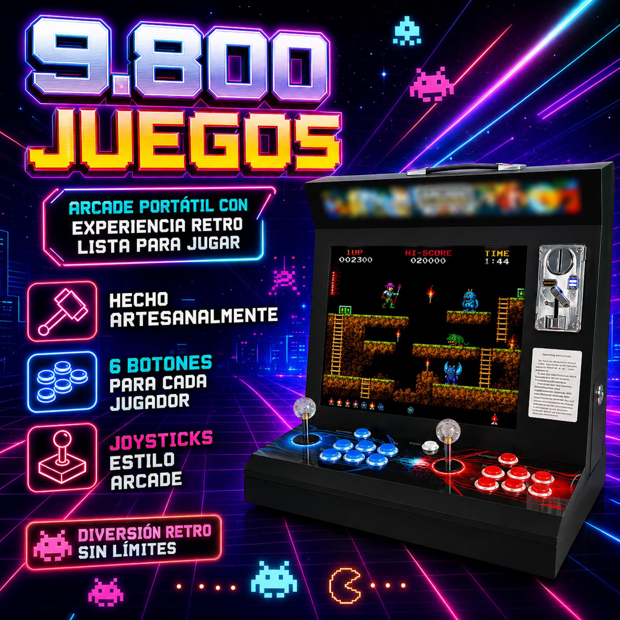 Máquina Arcade Tipo Bar Top 17” 4:3 | 9.800 Títulos Retro y 3D | 2 Jugadores con 6 Botones y Joysticks Arcade | Altavoces y Monedero Integrados | Compatible con hasta 4 Jugadores