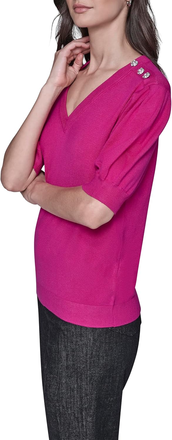 Karl Lagerfeld Womens Short Sleeve V-Neck Crystal Button Sweater - Image 3