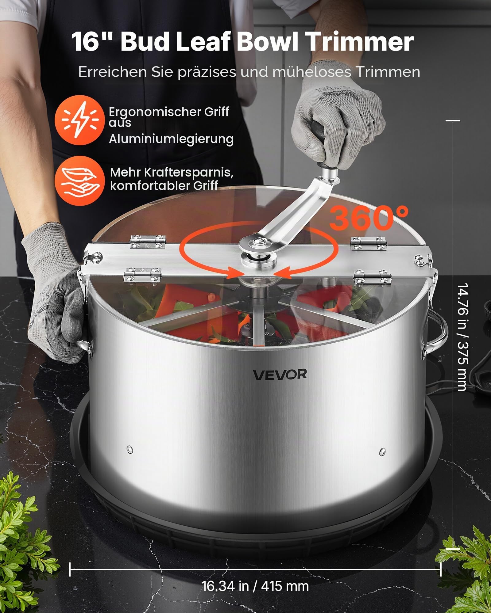 VEVOR Erntemaschine, 40,6 cm Blattschneider, Knospenschneider mit Edelstahlklingen, Nass- & Trocken-Hydrokultur-Schneidemaschine mit Tablett, Blattschüssel Trimmer für Pflanzenknospen & Blumen