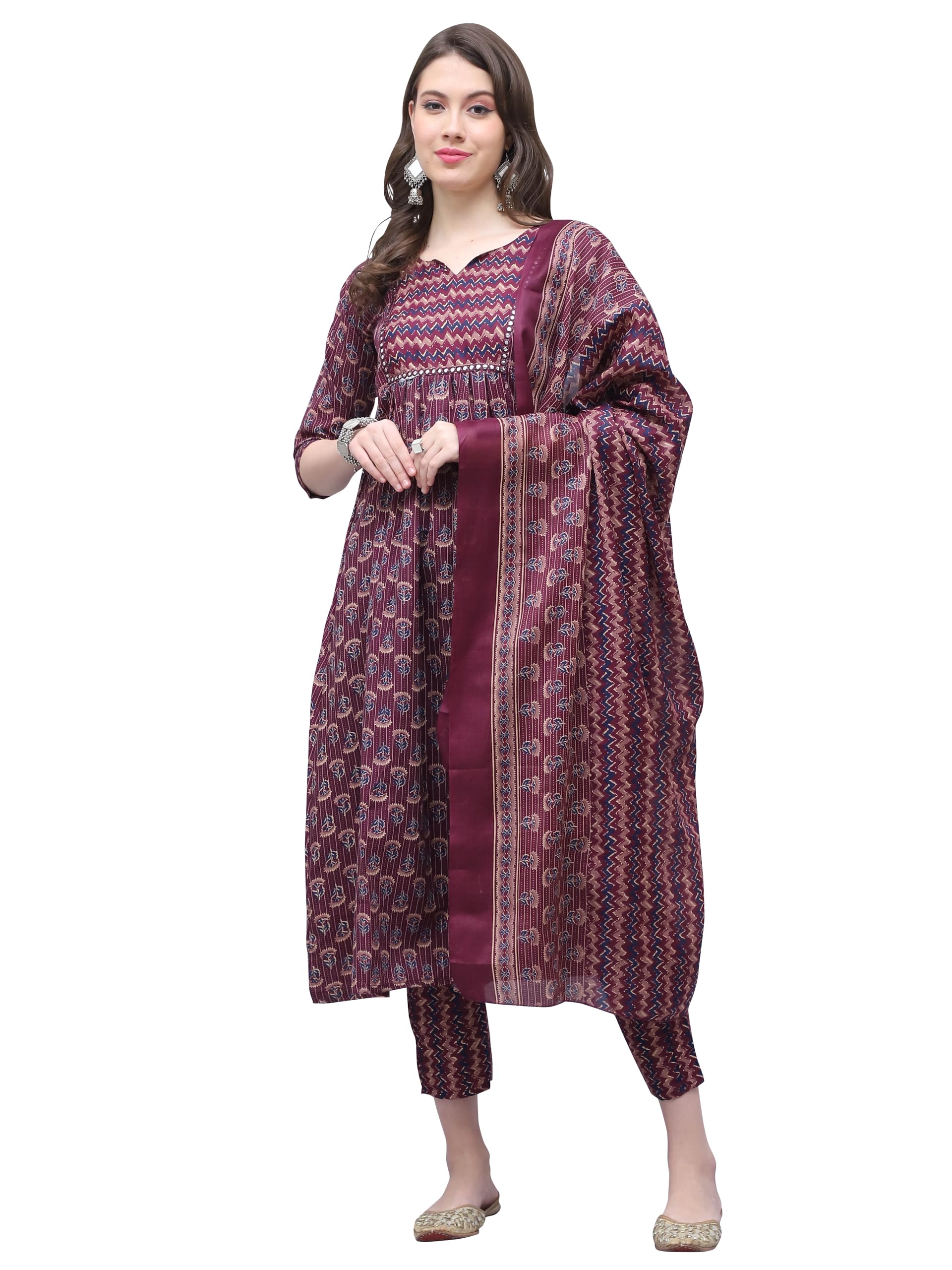 RajnandiniWomen's Cotton Blend Jaipuri Printed Kurta with Pant & Dupatta(Joplst218N-P_Wine & Beige)