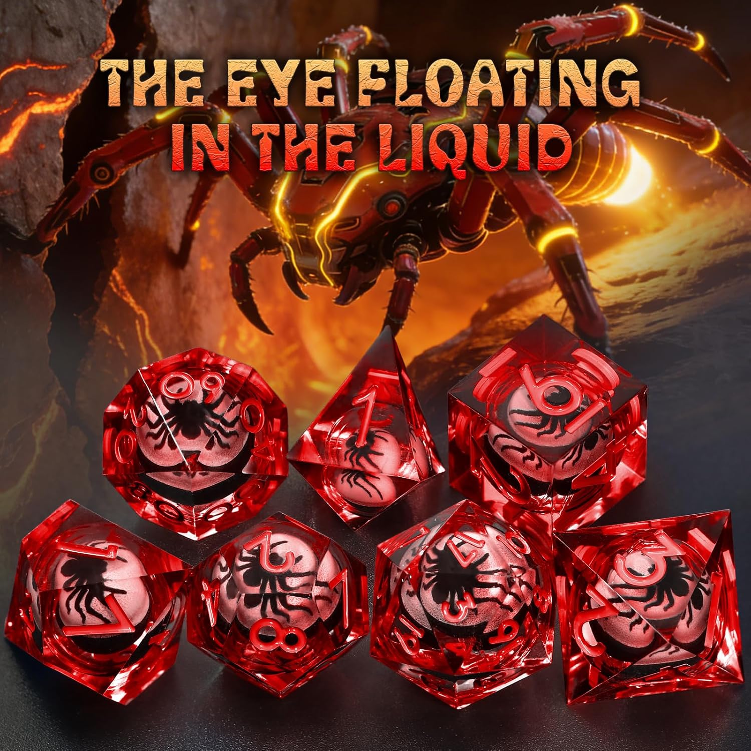 FONVGOGO Liquid Core DND Dice Set, 7PCS Sharp Edge Resin D and Dice with Cardboard Box, Unique Cool Spider Polyhedral Dice for Dungeons and Dragons, Tabletop RPGs TTRPG Gifts (Red)