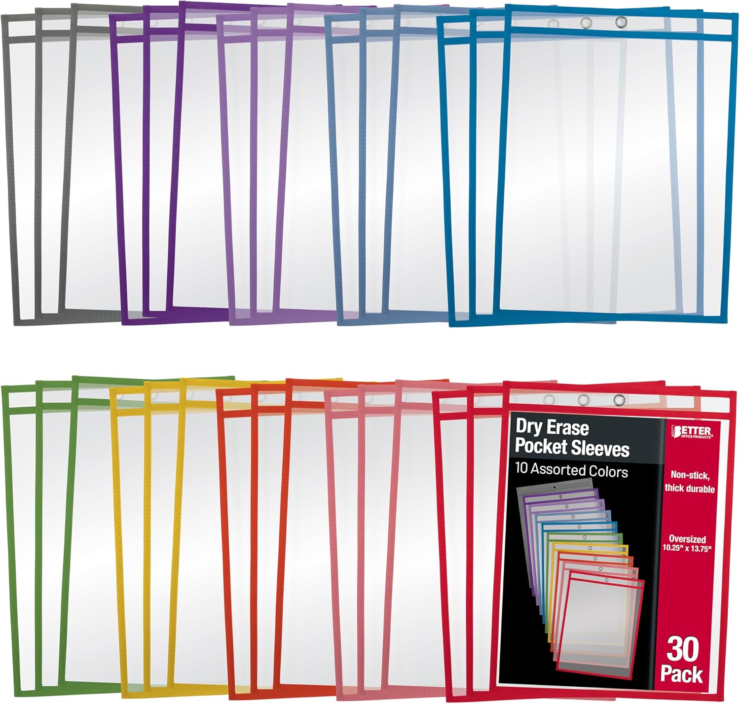 Better Office Products 30 Dry Lace Pocket Sleeves Crystal Clear Extra Large Size 10.25 Inch x 13.75 Inch Durable Dry Lace Pocket Sheet Protector Reusable Pocket 10 Colors Assortment 30 Pack