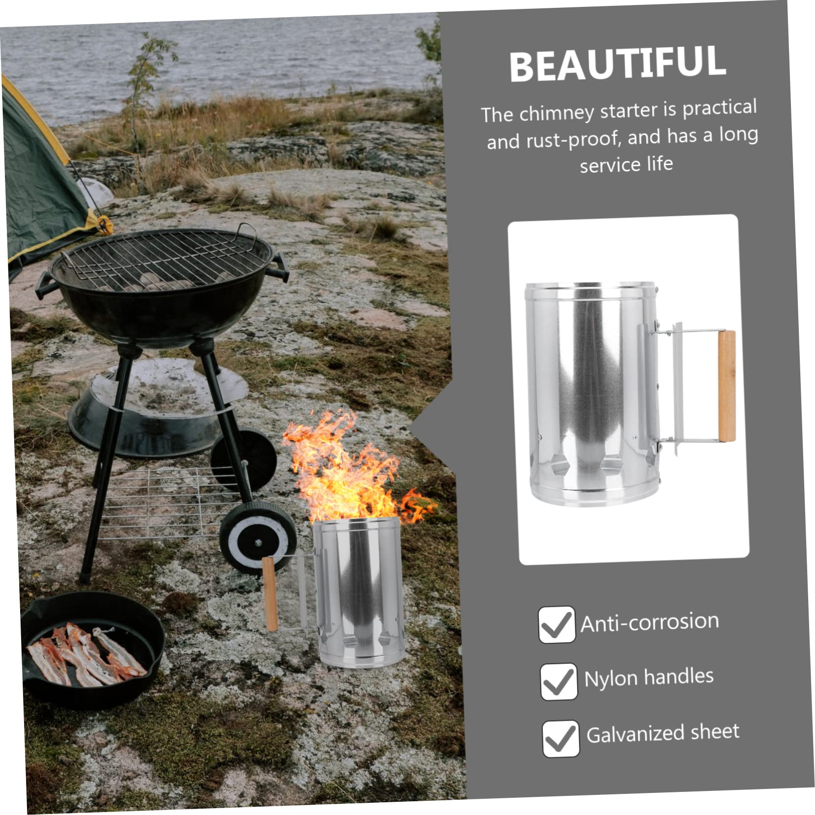 Hemobllo Accenditore Carbone Barbecue Manico in Legno, Argento | Alluminio Base Ampia e Prese D’aria, Riduce i Tempi di Riscaldamento, per Griglia e Charcoal Bbq