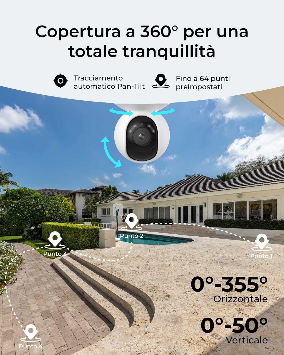Reolink PoE 4K Telecamera Esterno, Panoramica 355° e Inclinazione 50°, Zoom Digitale, Inseguimento Automatico, Rilevamento Smart, Visione Notturna IR/a Colori, Audio Bidirezionale, E1 Outdoor SE PoE