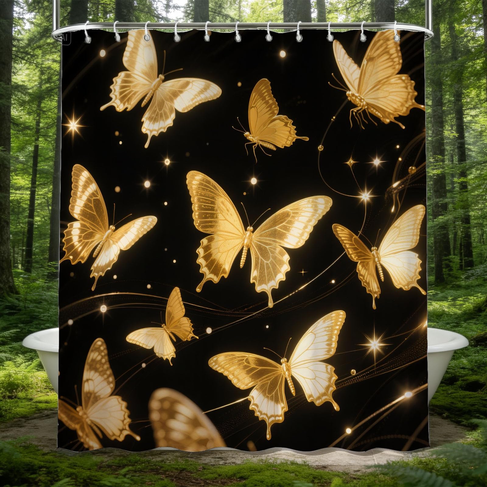 Hongduo 3D Golden Butterfly Shower Curtain for Stalls Bathtubs Glowing Butterfly Bathroom Decor Shower Curtain Set Polyester Fabric Waterproof 180x200cm/71X79 Inch with Hooks