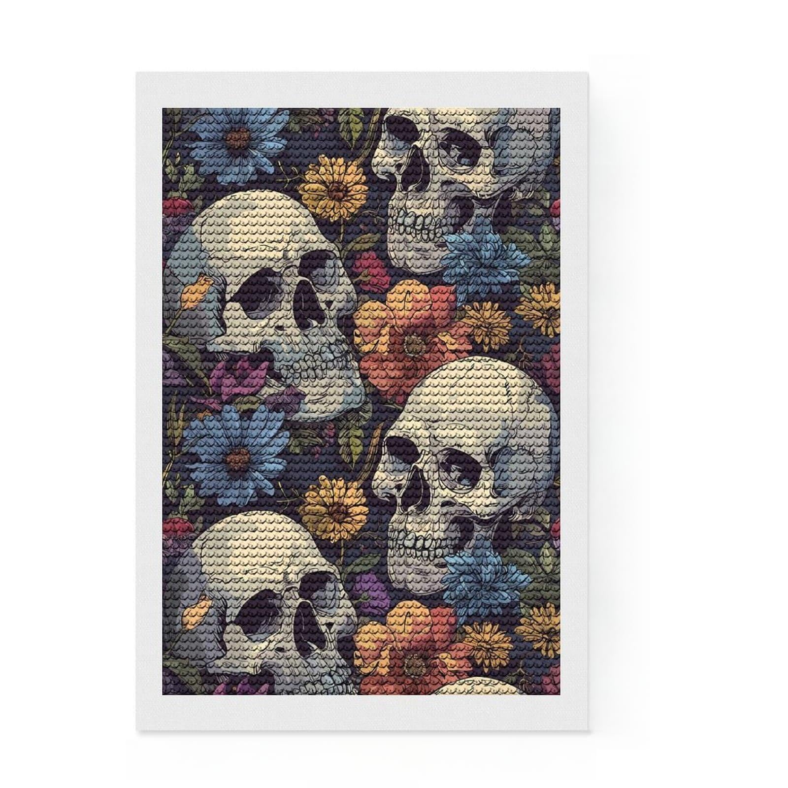 Junmoney Skulls and Roses Diamond Painting Kit 8"x12", Detailed Printed Canvas, with Tool Kit, Full Kit Included, Canvas Picture