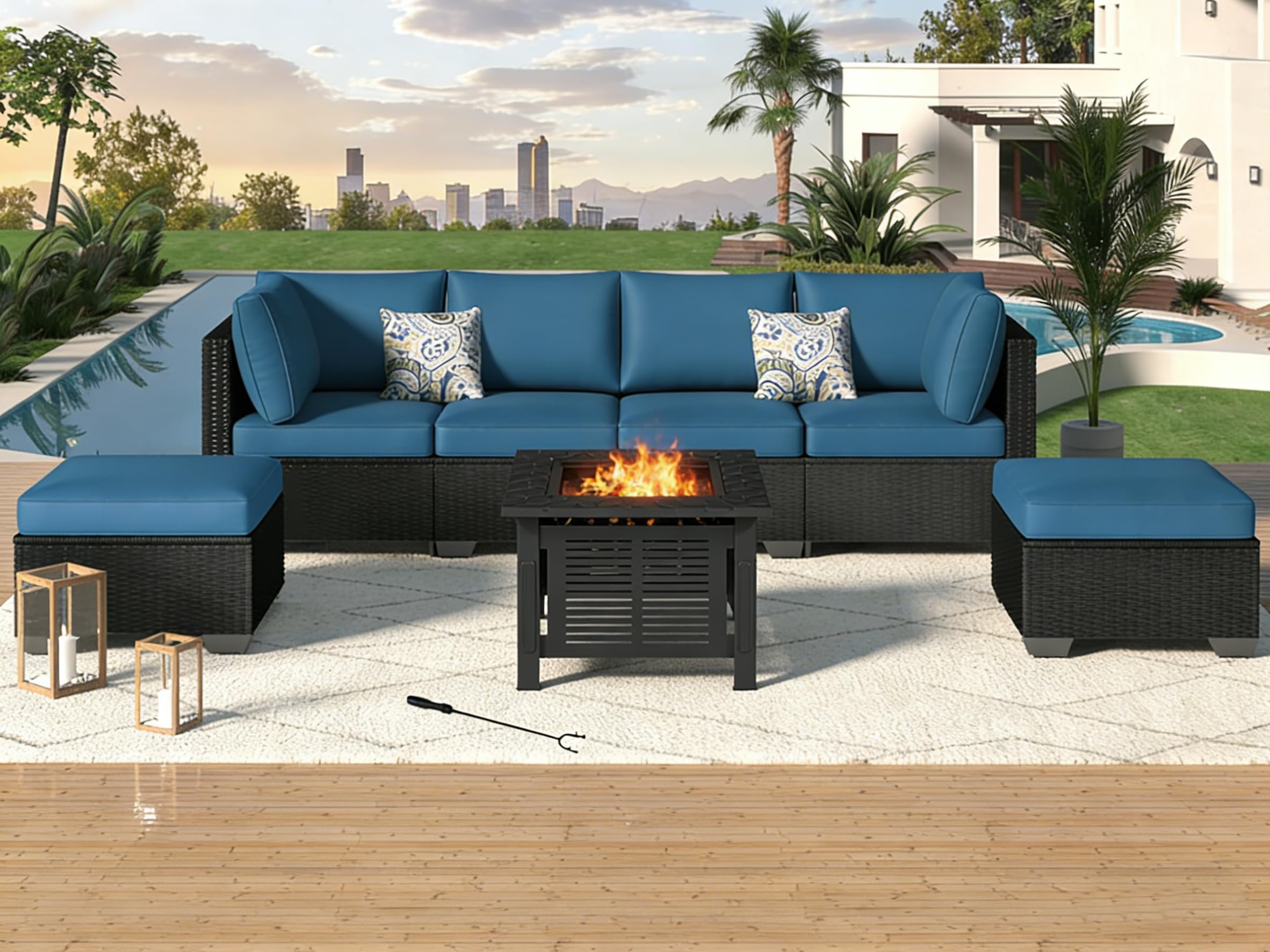 U-MAX 8 Piece Outdoor Patio Furniture Set with 30 Inch Fire Pit Table, PE Rattan Wicker Sofa Set, Outdoor Sectional Furniture Set with Cushions and Tea Table, Black Rattan and Peacock Blue Cushion