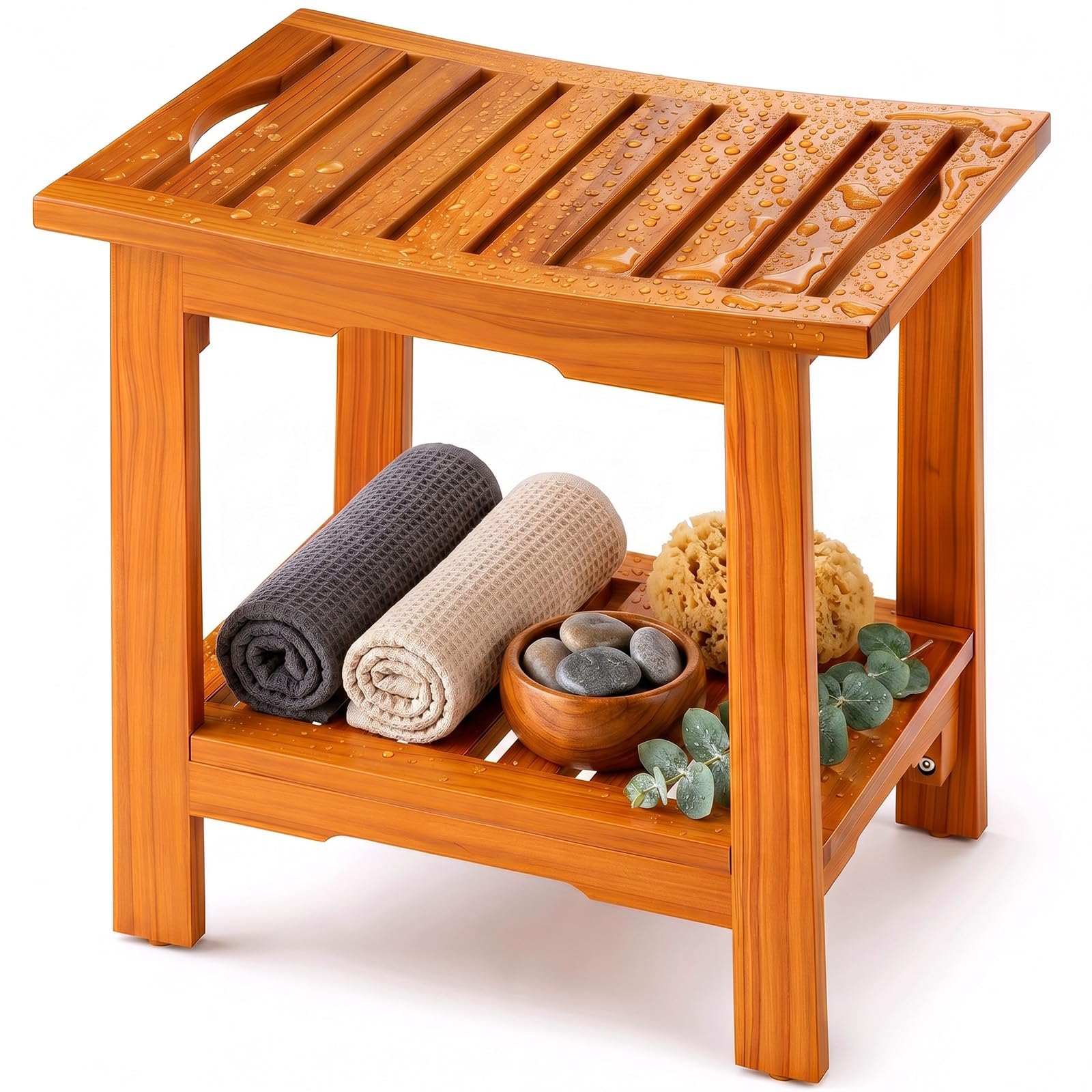 OLIXIS 18" Wooden Shower Bench, Waterproof Shower Stool for Shaving Legs, Bathroom Chair with Storage Shelf & Handles, 300 LBS Capacity Showering Seat for Senior, Adult, Disabled & Elderly