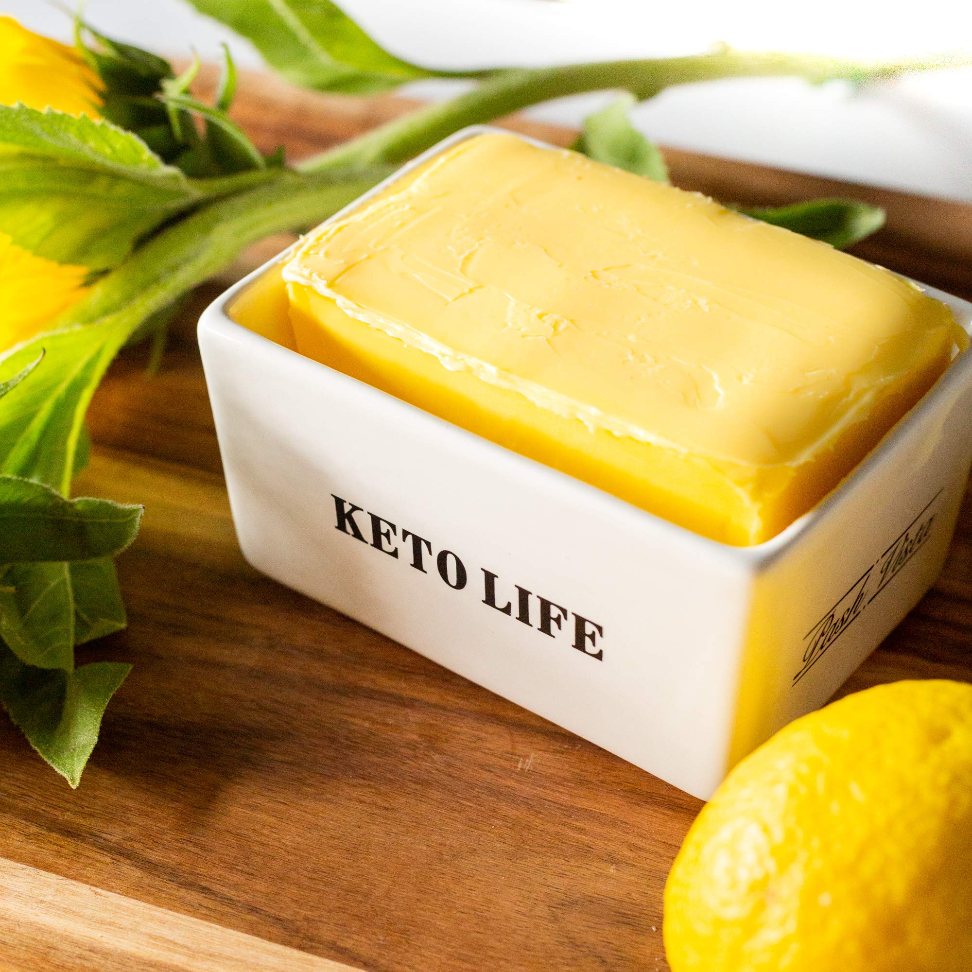 Pash Vista - Porcelain Butter Dish - KETO LIFE - Secure Airtight Bamboo Lid with Seal Ring - Stylish Large Porcelain Butter Dish - Quality and Value