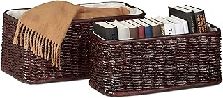 Relaxdays 10021116_531 Set 2 Corbeille Déco Panier Tressé en Palmier Buri Doublure Tissu Boîte de Rangement Décorative, Brun Cuivré, HLP 20 x 48 x 25 cm