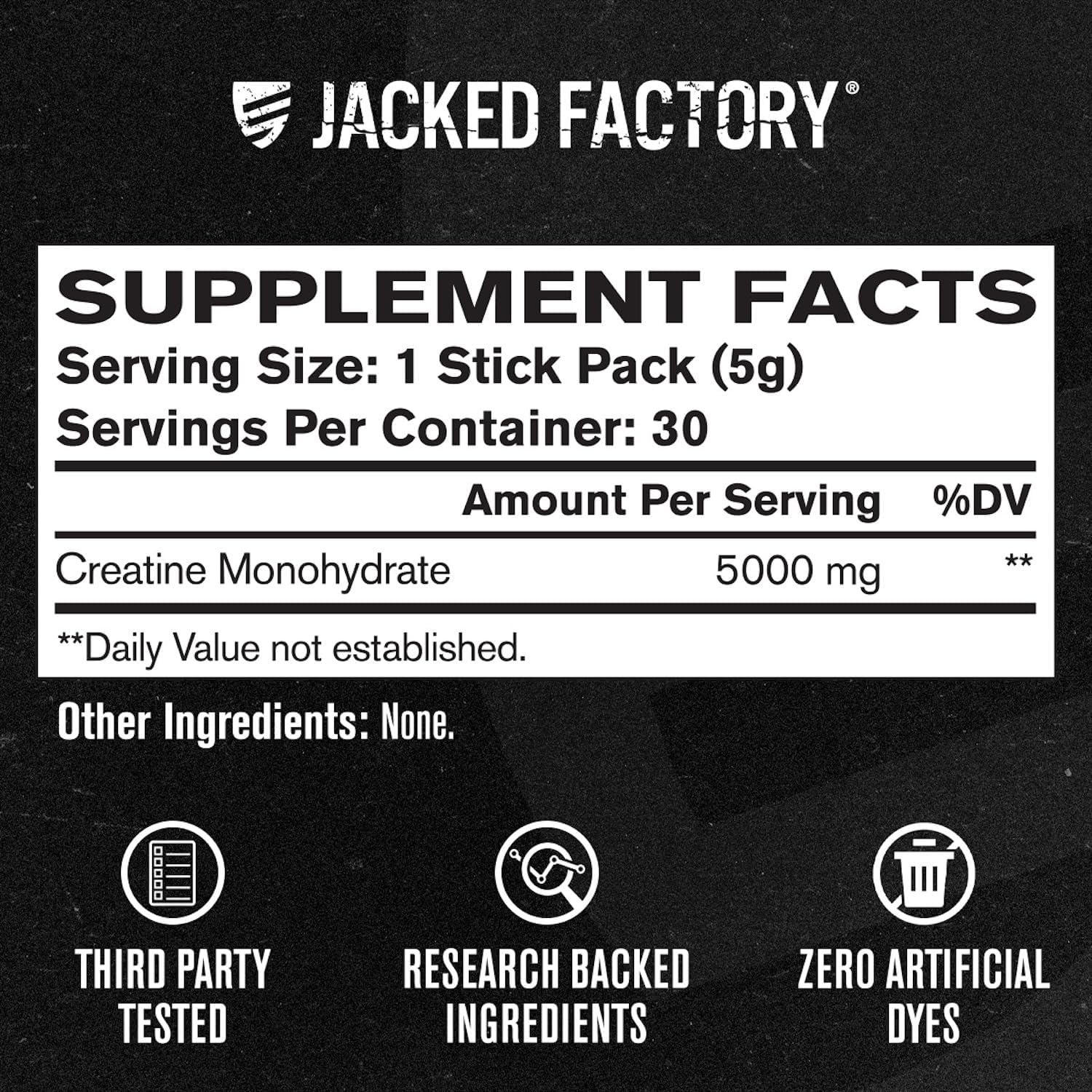 Jacked Factory Creatine Monohydrate Stick Packs 150g - 5g Daily Creatine Supplement for Men and Women, Vegan-Friendly, Third-Party Tested - 30 Servings, Unflavored - Image 5