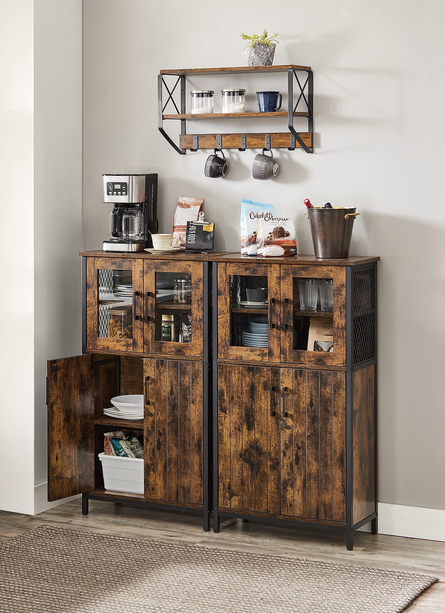 VASAGLE Mobiletto Multiuso, Armadietto, Credenza, Ripiano Regolabile, Mobile da Bagno, Struttura in Acciaio, per Salotto Cucina, Stile Industriale, Marrone Vintage e Nero LSC260B01