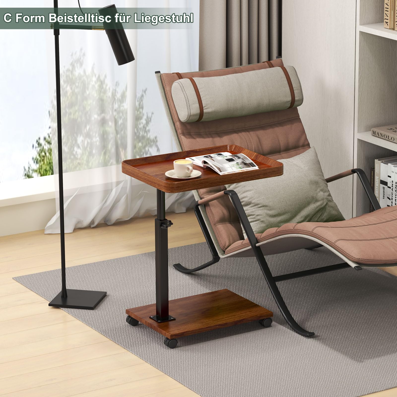 Table D'Appoint En Forme De C Plateau Réglable Roulettes Verrouillables Cadre En Acier Style Industriel Brun Maison Chic 85131311