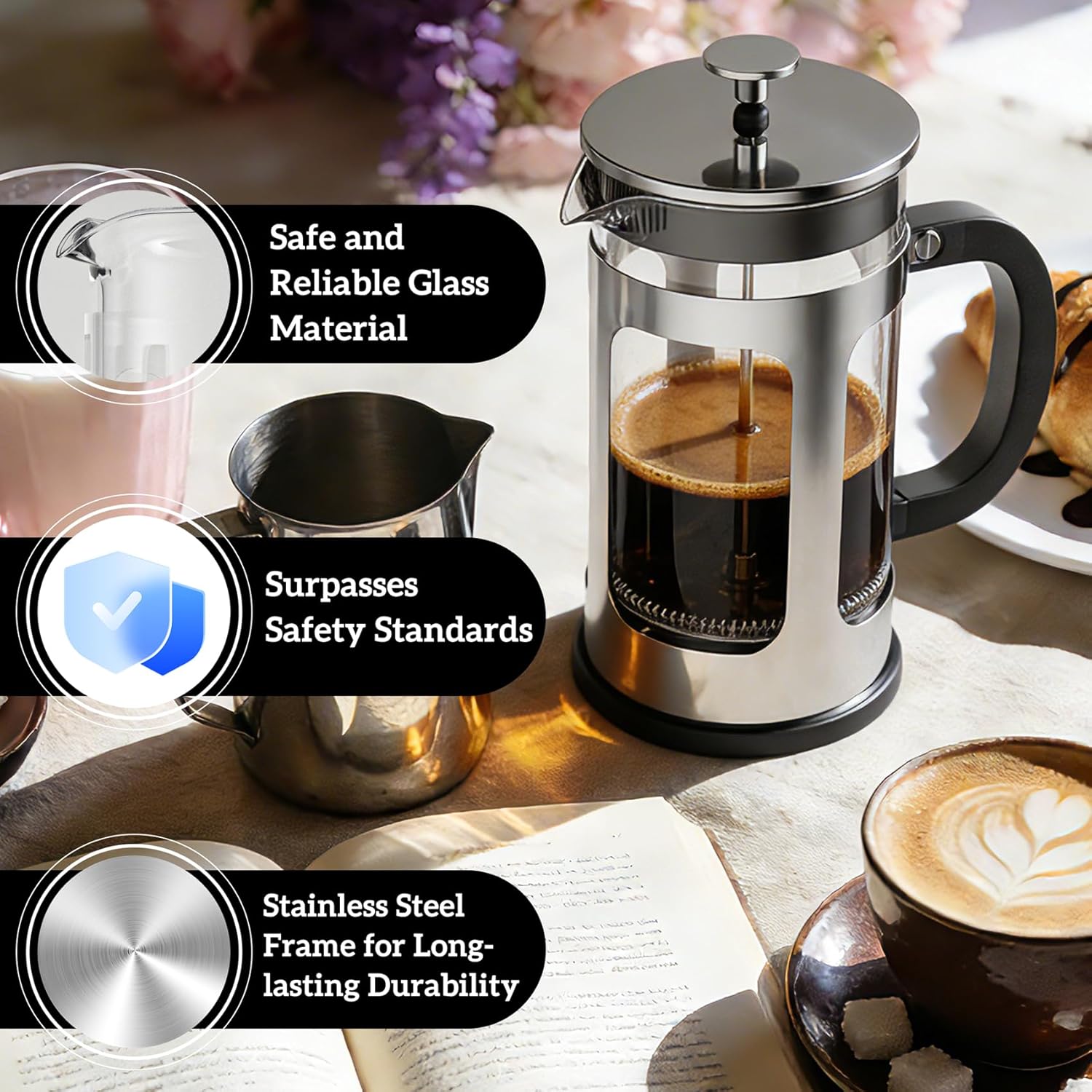 French Press Coffee Maker 34oz, Heat Resistant Thickened Glass Stainless Steel Brewer, No Plastic Touching Cafe, 4-Level Filtration, Cold Brew Cafe/Tea Pot for Kitchen Camping Travel, Gifts, Bar