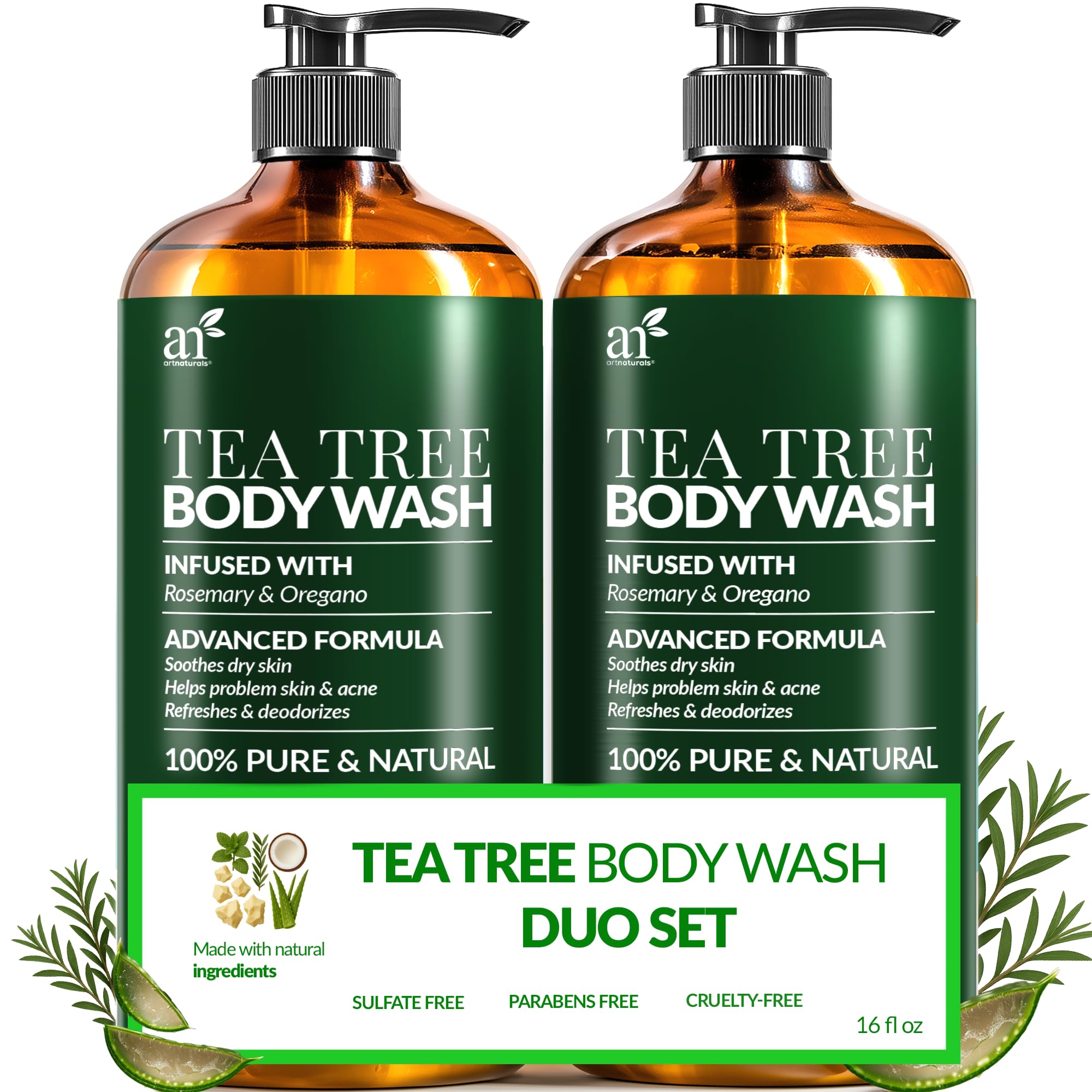 Artnaturals Antibacterial Tea Tree Oil Body Wash For Men & Women Remedy Soap Extra Strength - Helps Treat Acne, Athletes foot, Eczema, Toenail Fungus & Jock Itch & Ringworm (16 Fl Oz (Pack of 2)