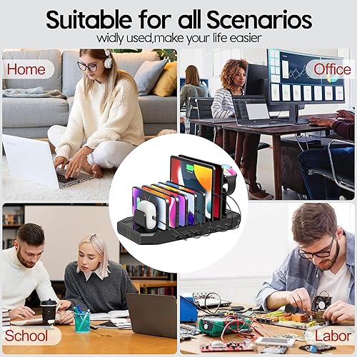 Miniatura 22 de Unitek Estación de carga múltiple, cargador USB de 10 puertos para múltiples dispositivos con tecnología SmartIC y divisores ajustables, soporte